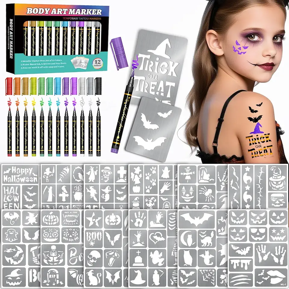 Marcadores temporários de tatuagem para pele, 12 marcadores corporais de metal + 169 estênceis de tatuagem para crianças e adultos, ponta de pincel flexível, cores brilhantes, tinta de tatuagem de