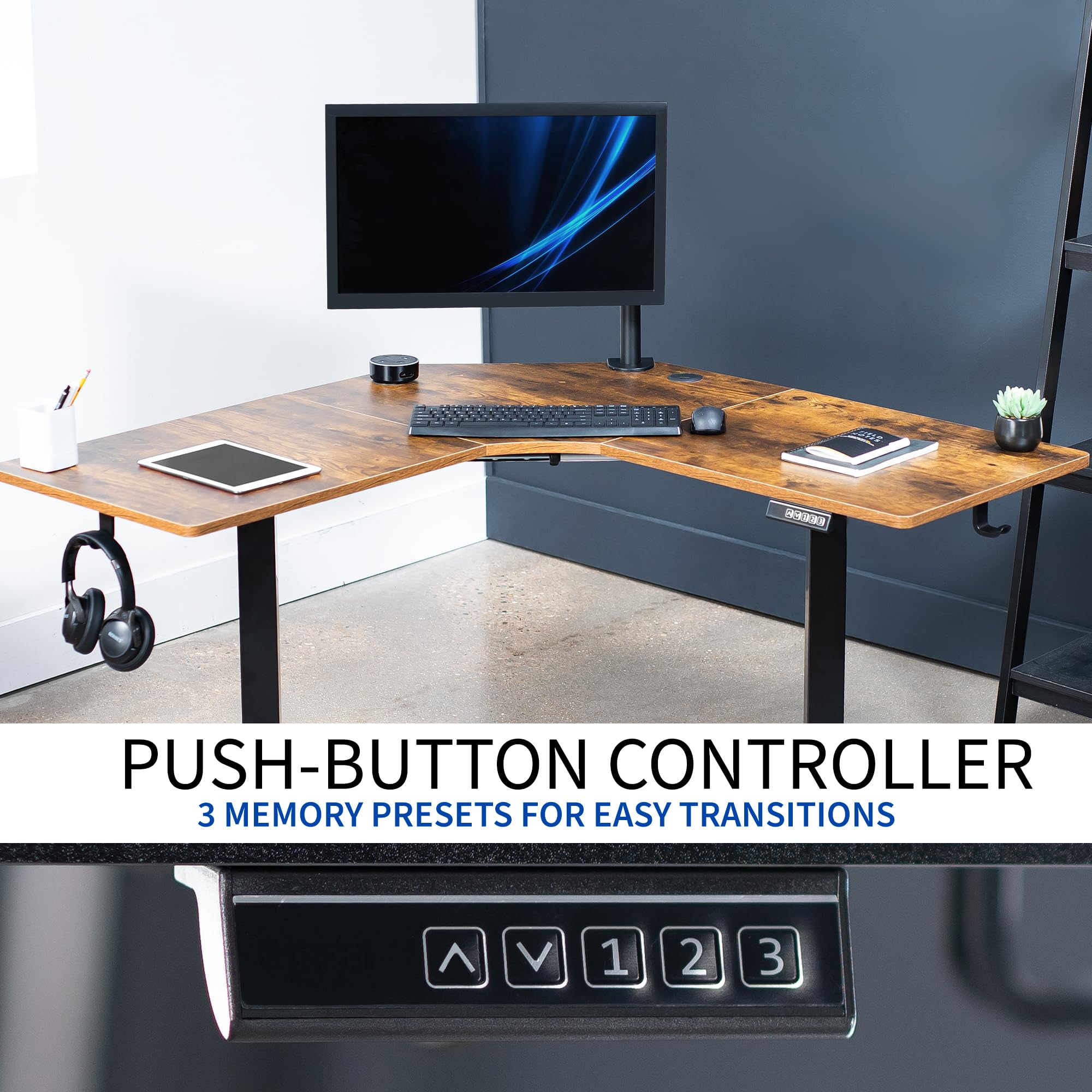 VIVO Electric Corner L-Shaped 47 x 47 in Standing Desk Memory Height Adjustment Rustic Vintage Brown Top Black — view 5