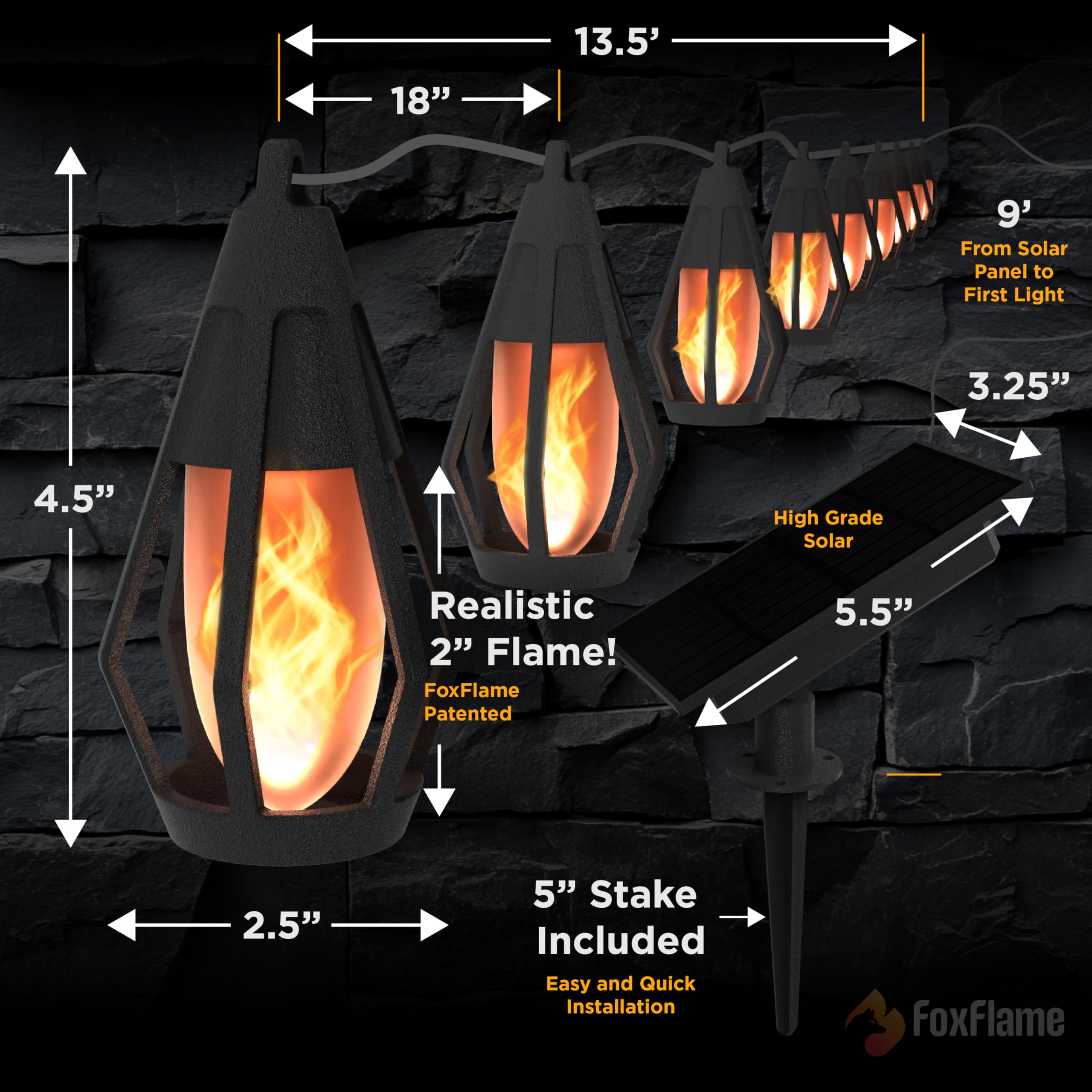 Solar Lichterkette Außen Wasserdicht - 10 flackernde LED Birnen mit patentiertem Flammeneffekt, 6.4 m solarbetriebene Solar-Hängeleuchten Außen für Terrassen, Veranden, Zäune, Gärten & dekoratives