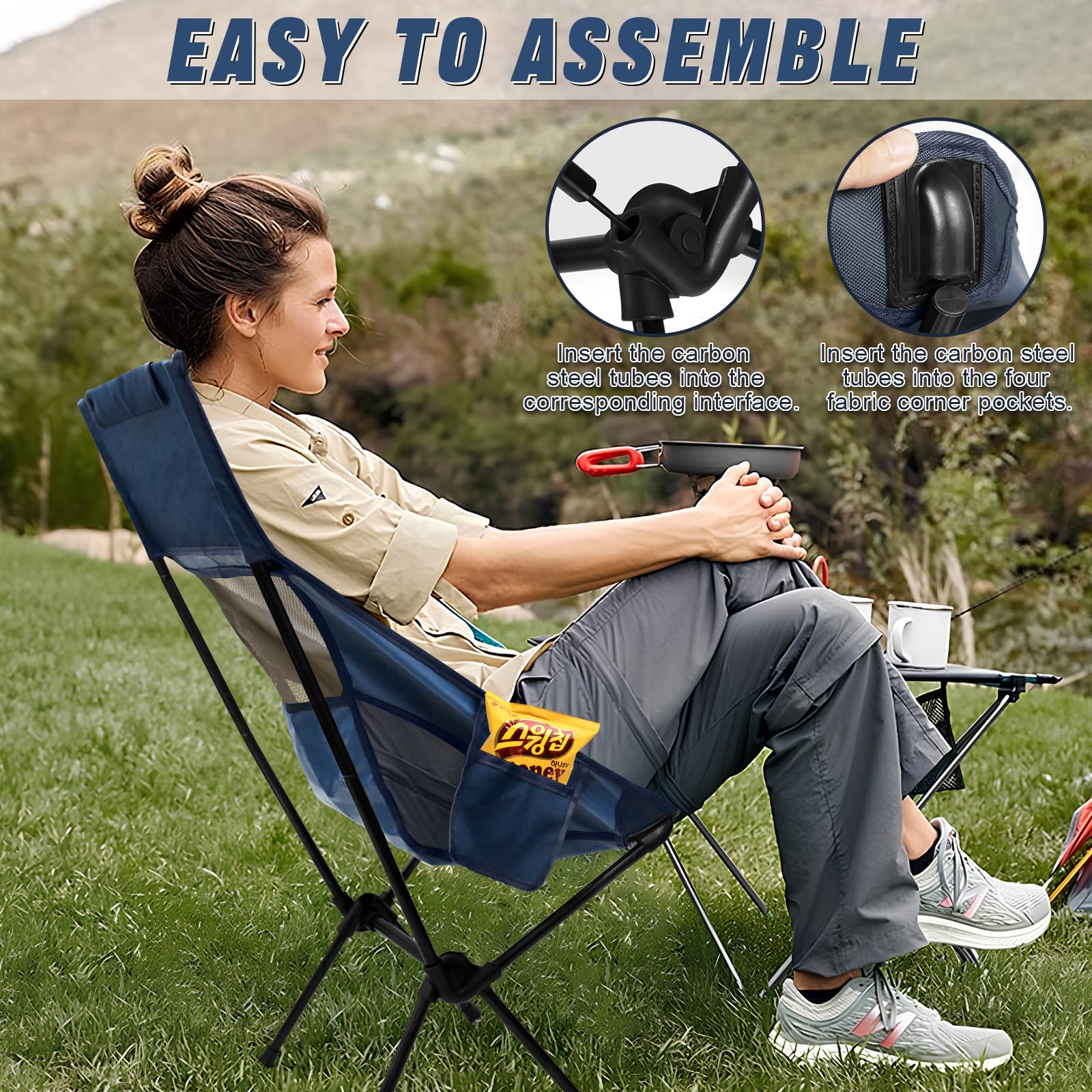 Sedia da Campeggio Pieghevole Leggera, Capacità di Carico 150kg, Sedia da Campeggio Portatile con Borsa Portaoggetti, Sedia da Spiaggia Compatta per Picnic, Campeggio, Viaggi, Pesca, Spiaggia