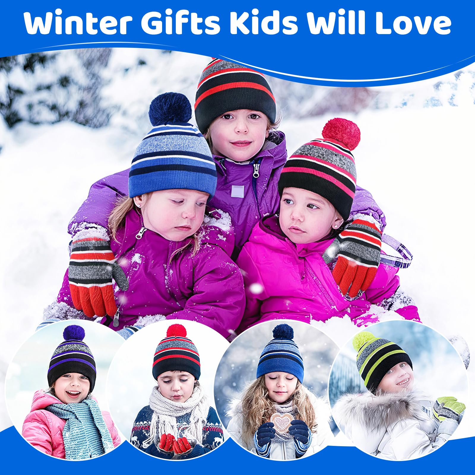 LACOFIA 3 Piezas Conjunto de Gorro Bufanda Guantes Invierno para Niños Beanie Punto con Pompon Sombrero Forro Polar Térmico para Niños 2-7 Años
