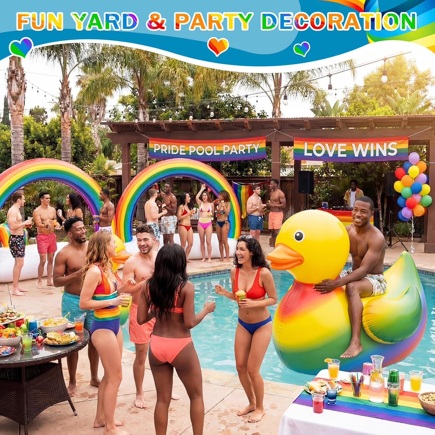 Hungdao 11 Pcs Rainbow Parade Golf Cart Decorations 1pcs 4 ft Inflatable Duck with Float Bunting Flag Tinsel Garland for Gay Pride LGBT Parade Float Decoration