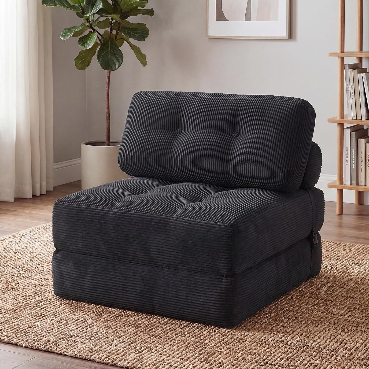 Giantex Folding Sofa Bed, Convertible Sleeper Chair with Pillow, Tufted Fold Out Chair Bed w/Back Support, Corduroy Cover, Fixing Straps, Comfy Floor Sofa for Living Room, Bedroom, Guest Room (Black)