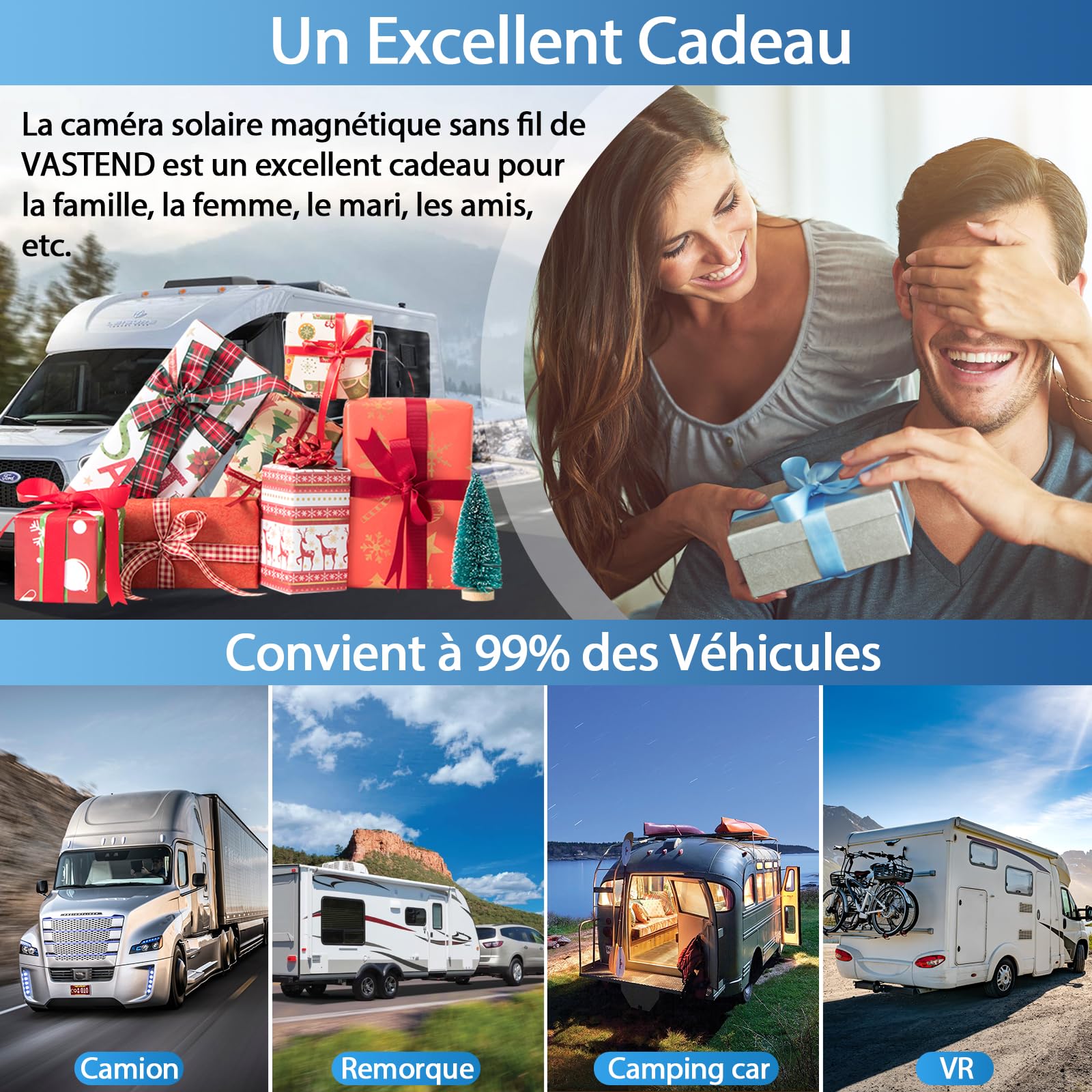 Solaire Caméra de Recul sans Fil, 10000mAh Caméra Magnétique à Batterie Rechargeable avec 7" Moniteur, 170° Grand Angle, Installation de Bricolage, pour Camions, Camping Car, Caravane