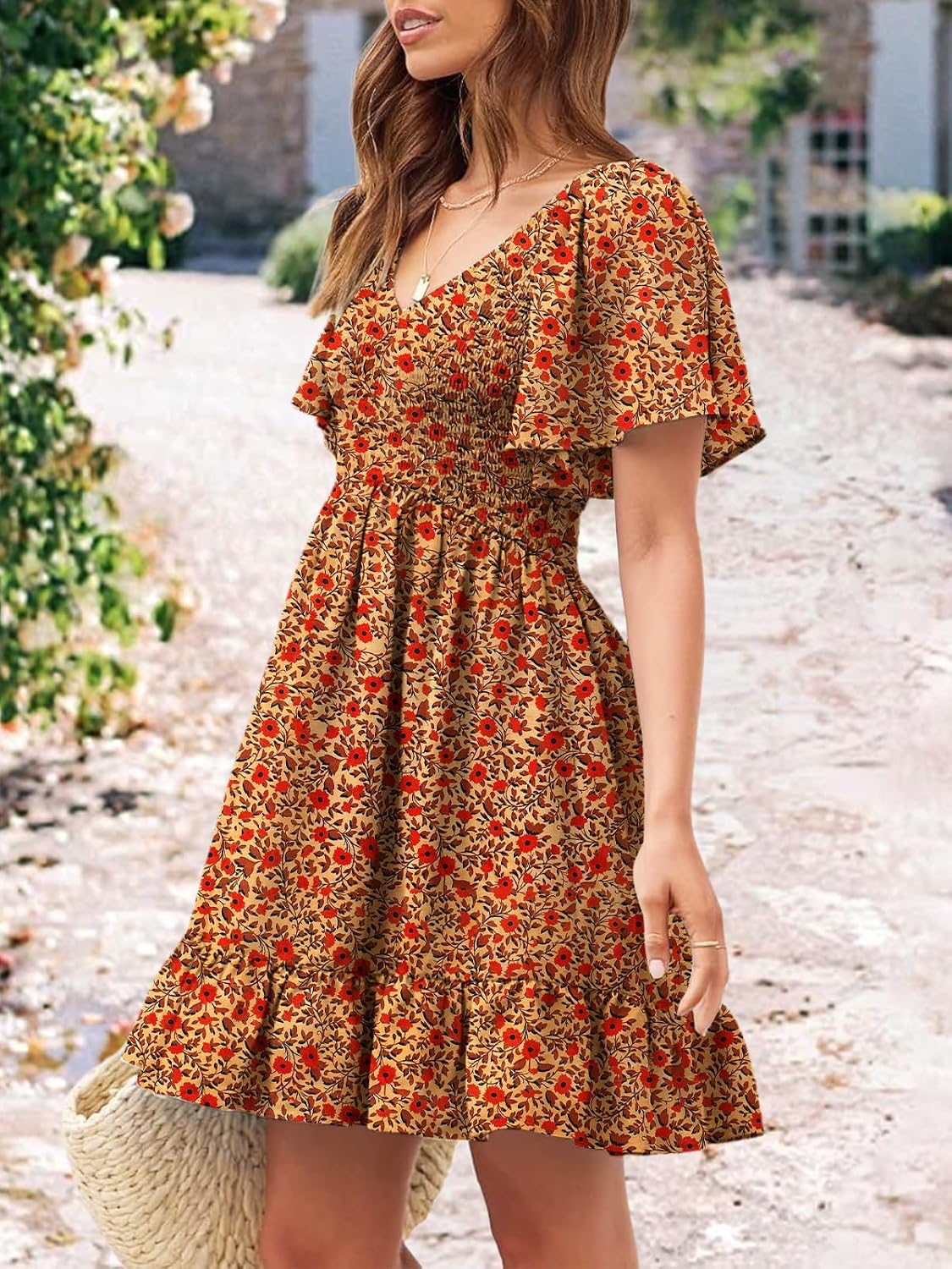 UEAL Womens Floral Smocked V Neck Casual Summer Sun Dresses image 4