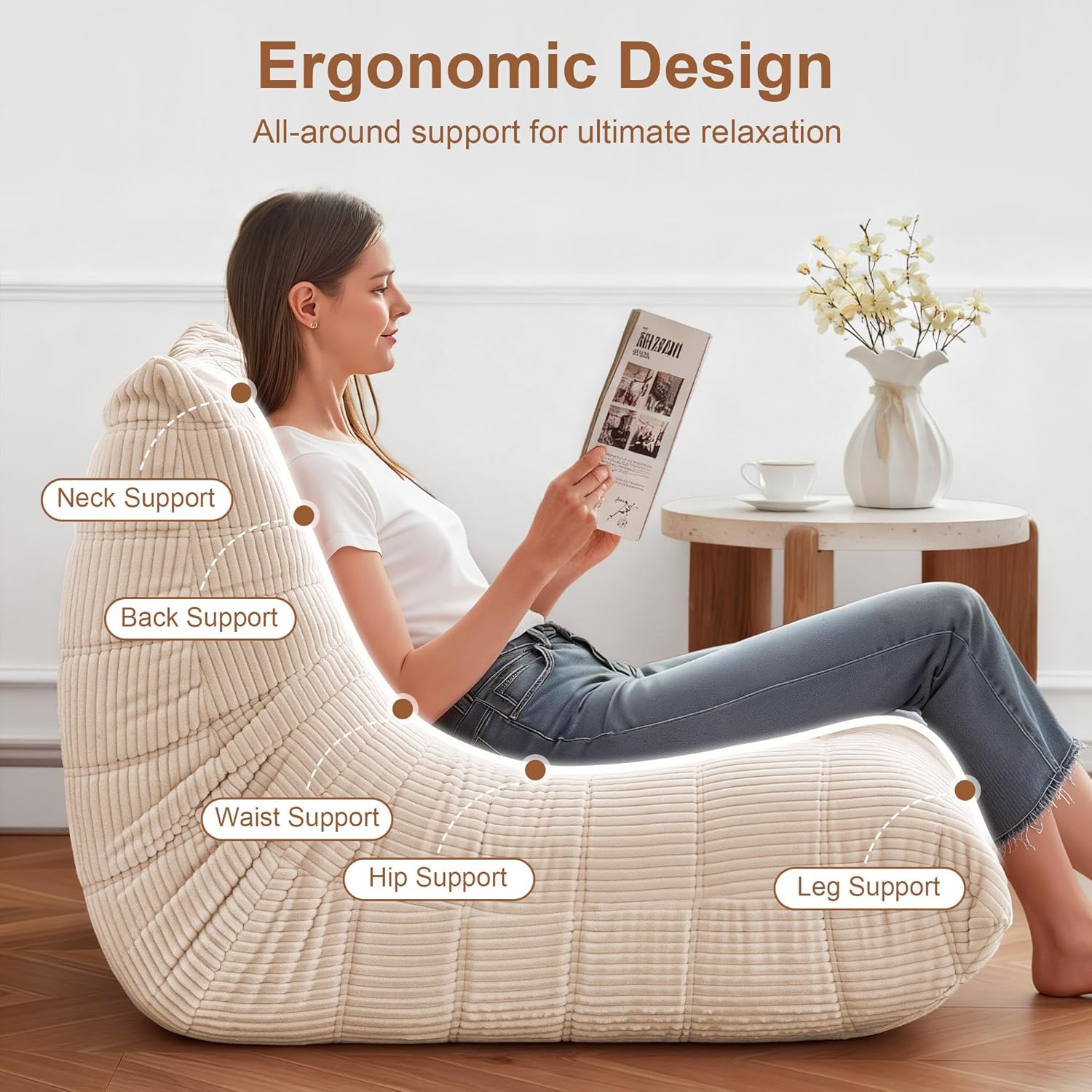 Bean Bag Chair for Adults - Large Bean Bag Chairs with Lumbar Pillow, Oversized Corduroy Memory Foam Boneless Chair with High-Rebound, Lazy Floor Sofa for Reading Gaming Living Room Bedroom, Beige - Image 3