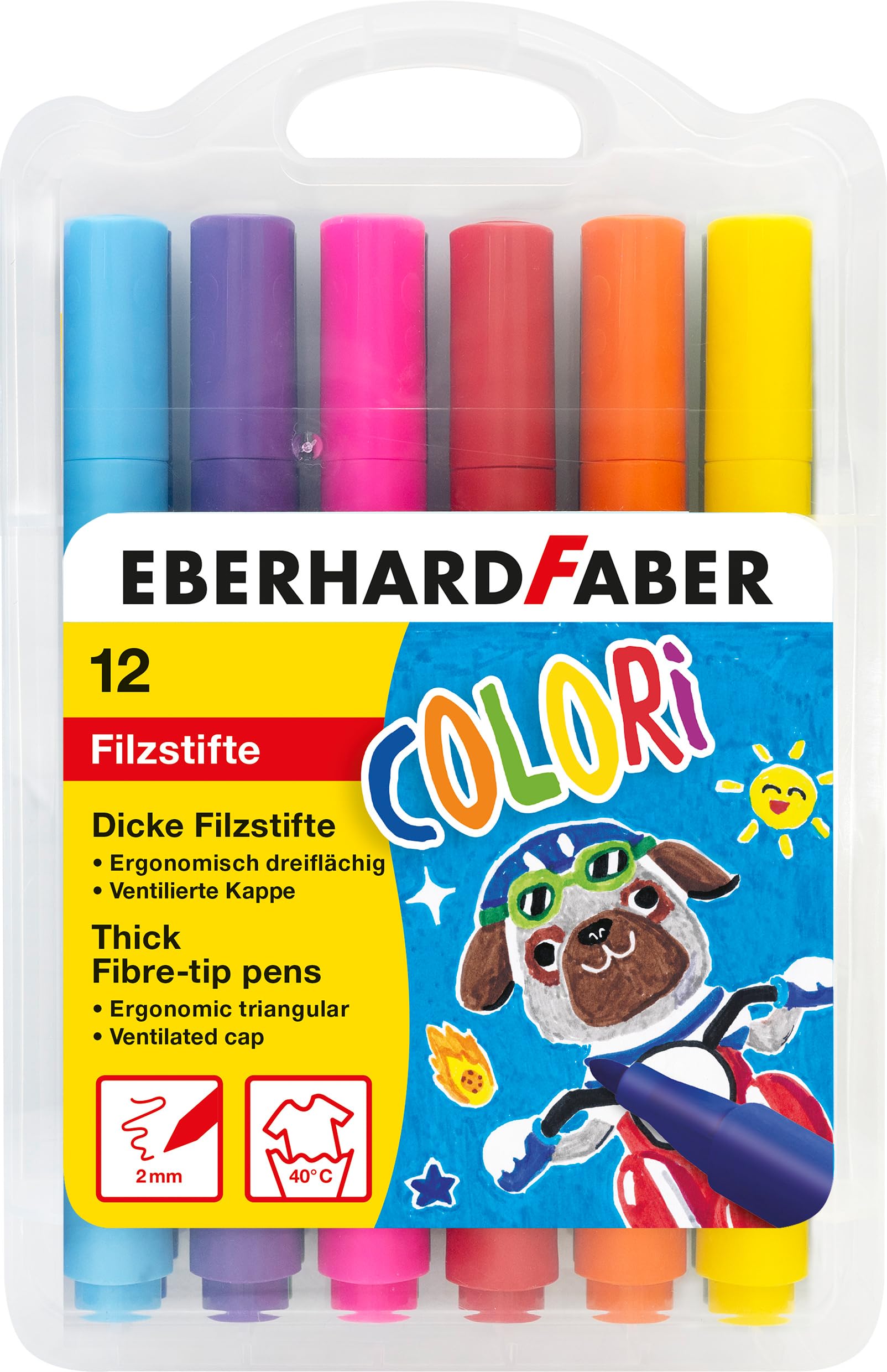 Eberhard Faber Colori 551213 Felt Tip Pens Set, 12 Thick Colouring Pens in Plastic Box