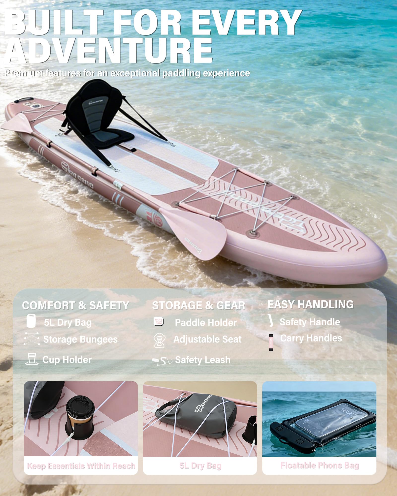 TIGERXBANG Tabla Paddle Surf Hinchable con Asiento, 335x86x15cm Stand Up Paddle Board para Adultos/niños, Kit Completo de Surf ISUP, Rosa