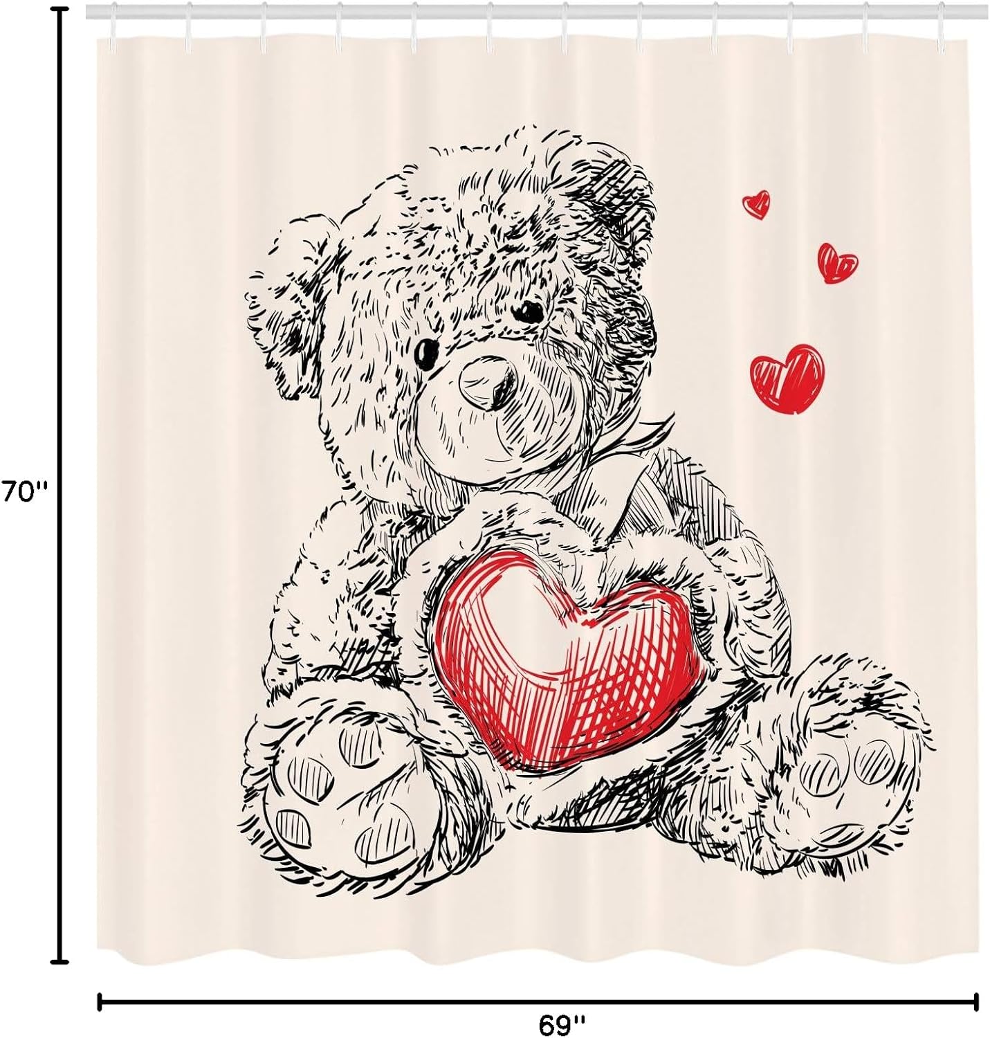 Ambesonne Cartoon Shower Curtain, Detailed Teddy Bear Drawing with Heart Instead of a Belly Mini Floating Hearts, Cloth Fabric Bathroom Decor Set with Hooks, 69" W x 70" L, Red Black White