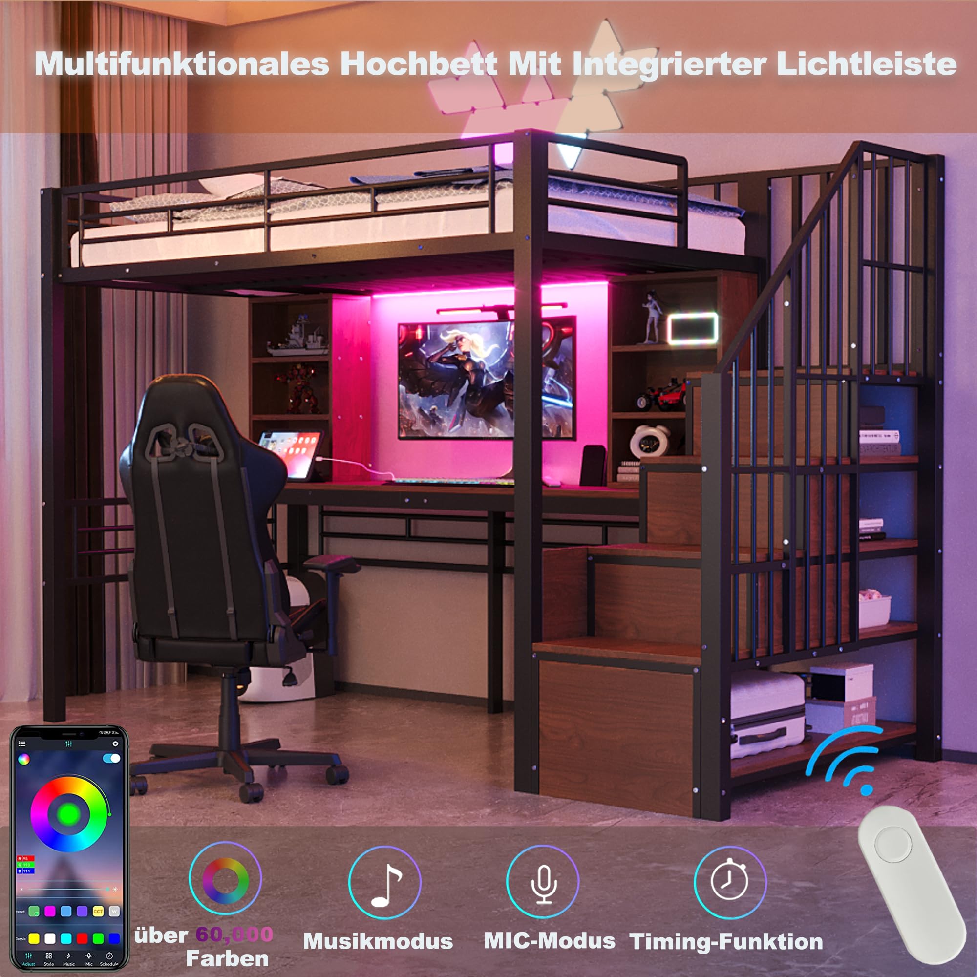 Soweiz Letto a soppalco 90 × 200 cm, con scrivania, presa europea e illuminazione a LED, scala di stoccaggio (montaggio a sinistra/destra), alta griglia di protezione, letto singolo, telaio in ferro
