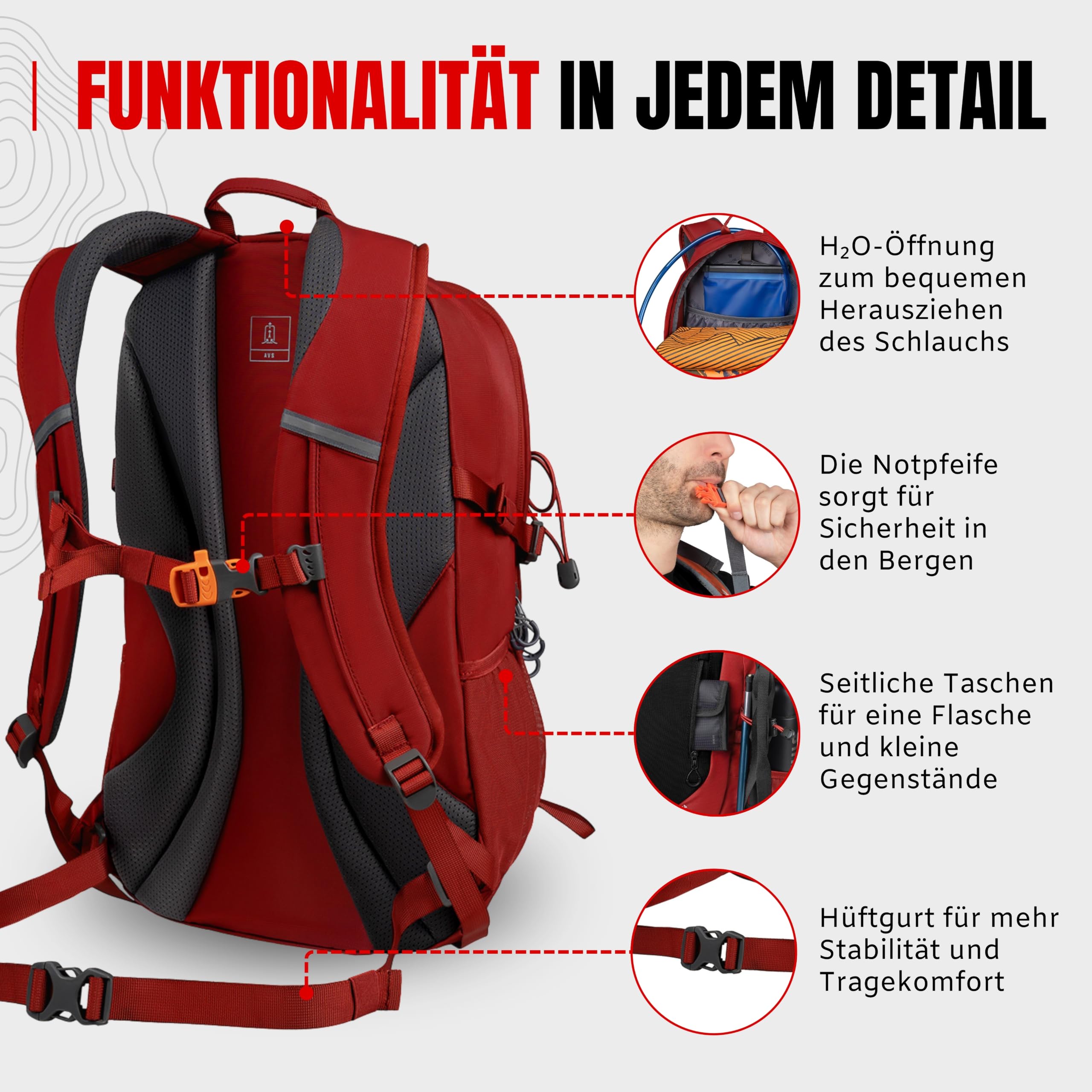 Alpinus Teide Wanderrucksack 24L Rot - Schwarz - Leichter Trekkingrucksack für Herren & Damen mit Belüftungssystem AVS, Kompakter Outdoor Daypack für Wandern, Tagestouren & Reisen, Regenschutz