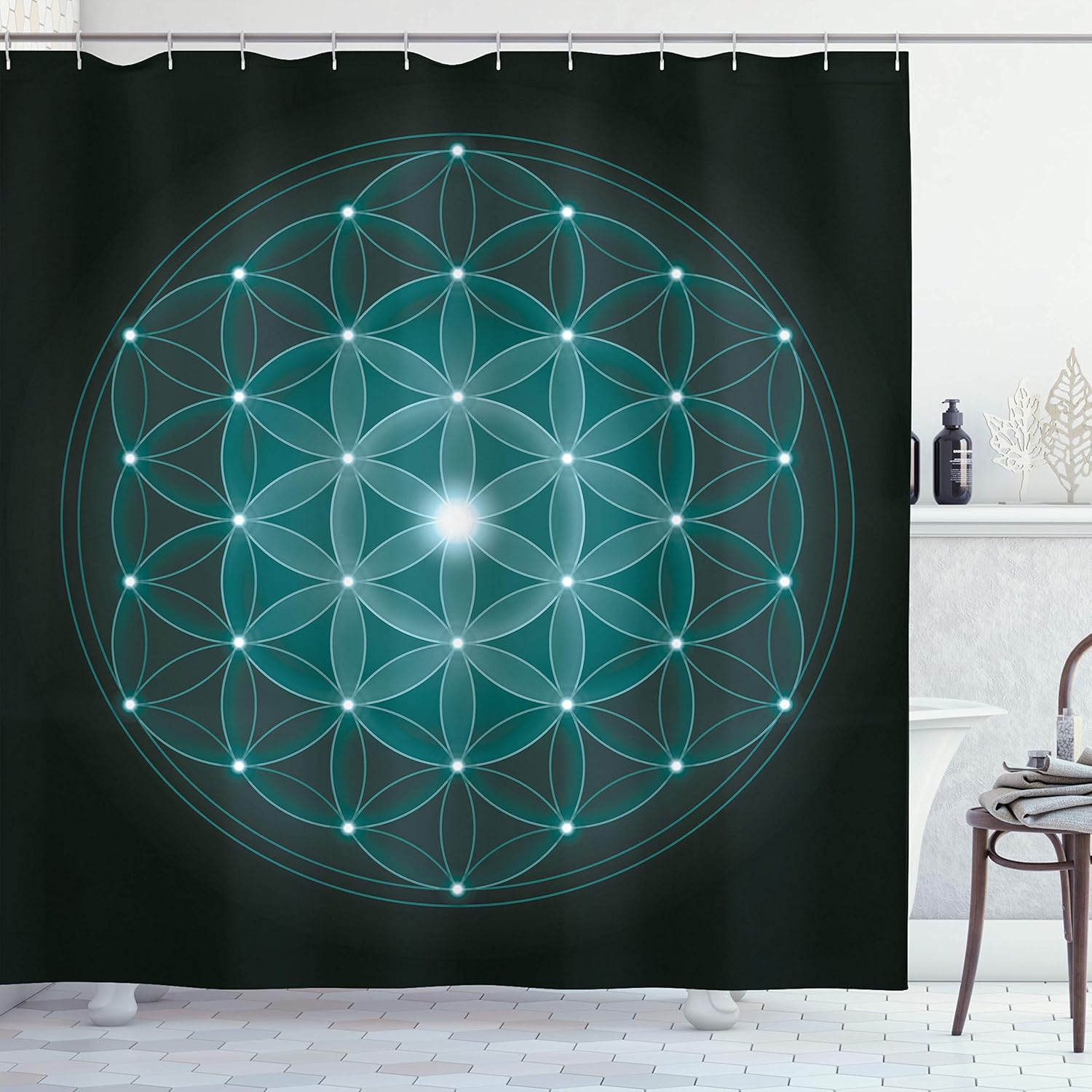 Ambesonne Abstract Shower Curtain, Flower of Life with Stars Geometry Print Mandala Eternity Universe Illustration, Cloth Fabric Bathroom Decor Set with Hooks, 70" Long, Fern Green