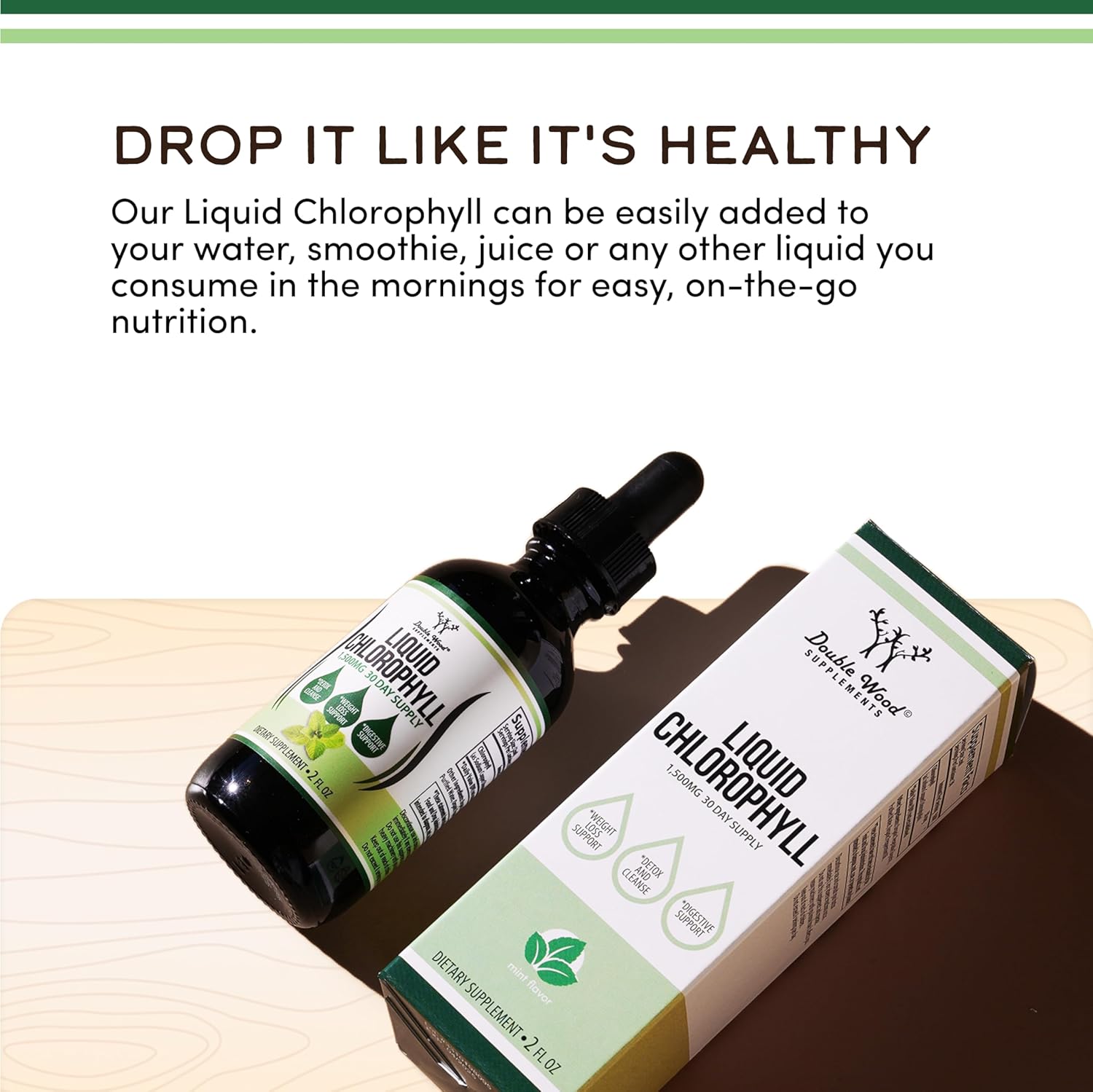 Chlorophyll Liquid Drops - for Digestion, Gut Health, Energy and Detox - Vegan Safe (Rich, Full Texture and Taste, Not Watered Down), 2oz Peppermint Flavored, by Double Wood - Image 3