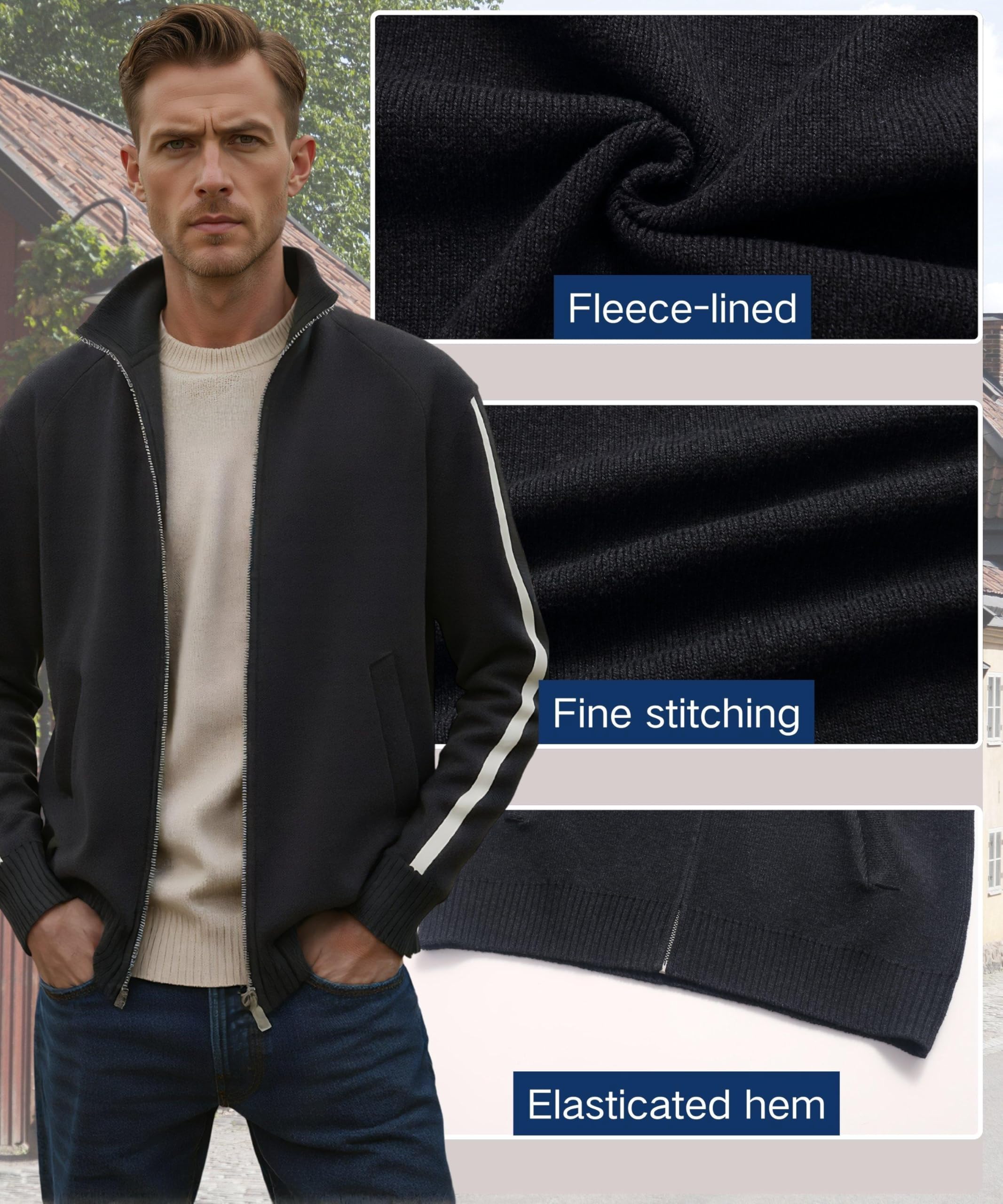 Homme Cardigan Hiver Tricoté Chaud Col Montant Sweater Couleur Unie Pull Manches Longues Décontractée Chandail Zippé Slim Veste avec Poche