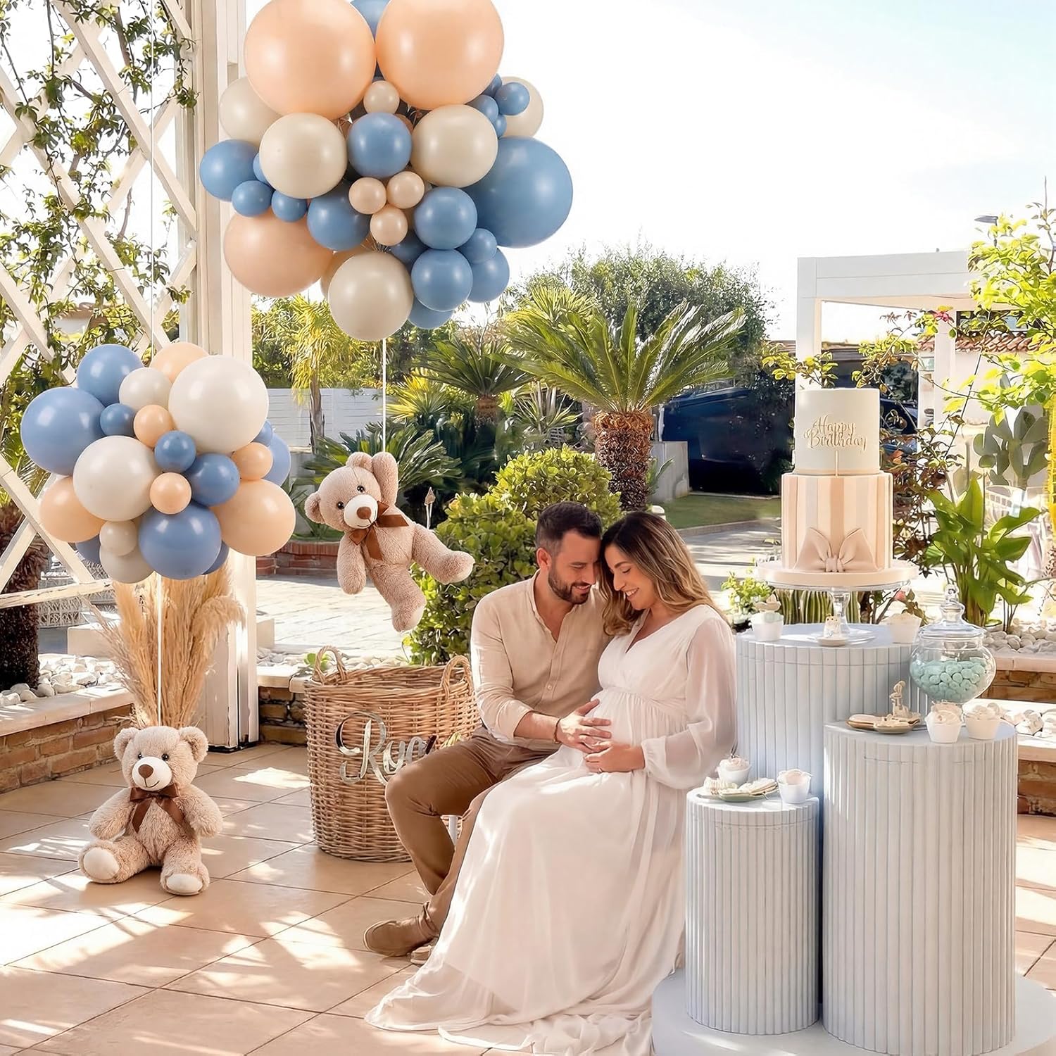 Blueweenly 185 Pcs Bear Baby Shower Party Decorations Table Centerpieces 5 Khaki Bears with 180pcs Blue Neutral Balloons Kit(12/10/5 Inch) for Baby Shower Table Decor Gender Reveal Birthday Wedding