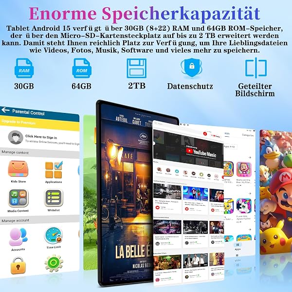 ZIOVO Kinder Tablet 10 Zoll Android 15 mit 30GB RAM+TF 2TB, 5G WiFi, Gemini AI, Octa-Core, Widevine L1, GPS, Face ID, Kindersicherung, iWAWA, 6000mAh, BT 5.0, Kids Tablet mit Eva Case - Grün - 3
