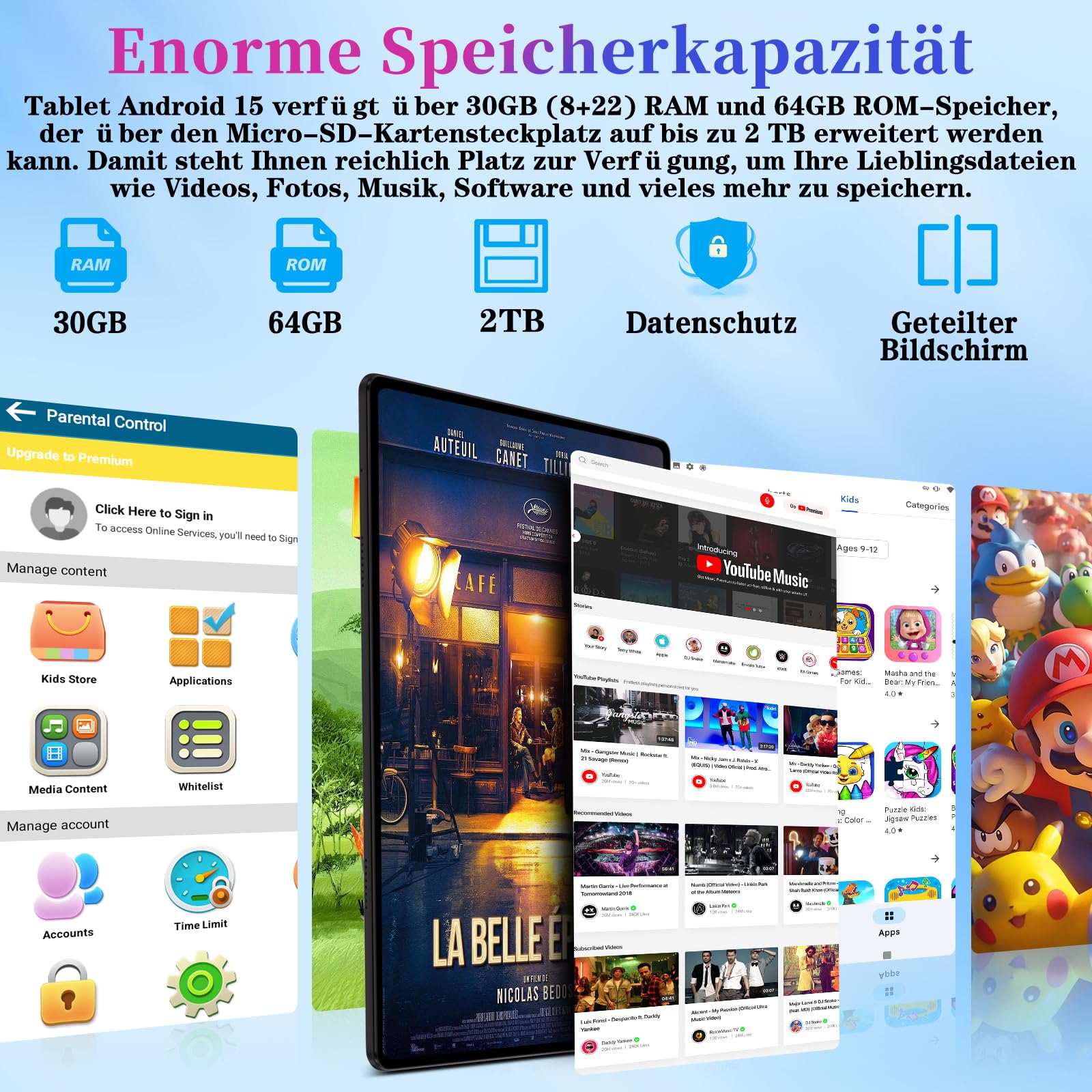 ZIOVO Kinder Tablet 10 Zoll Android 15 mit 30GB RAM+TF 2TB, 5G WiFi, Gemini AI, Octa-Core, Widevine L1, GPS, Face ID, Kindersicherung, iWAWA, 6000mAh, BT 5.0, Kids Tablet mit Eva Case - Blau
