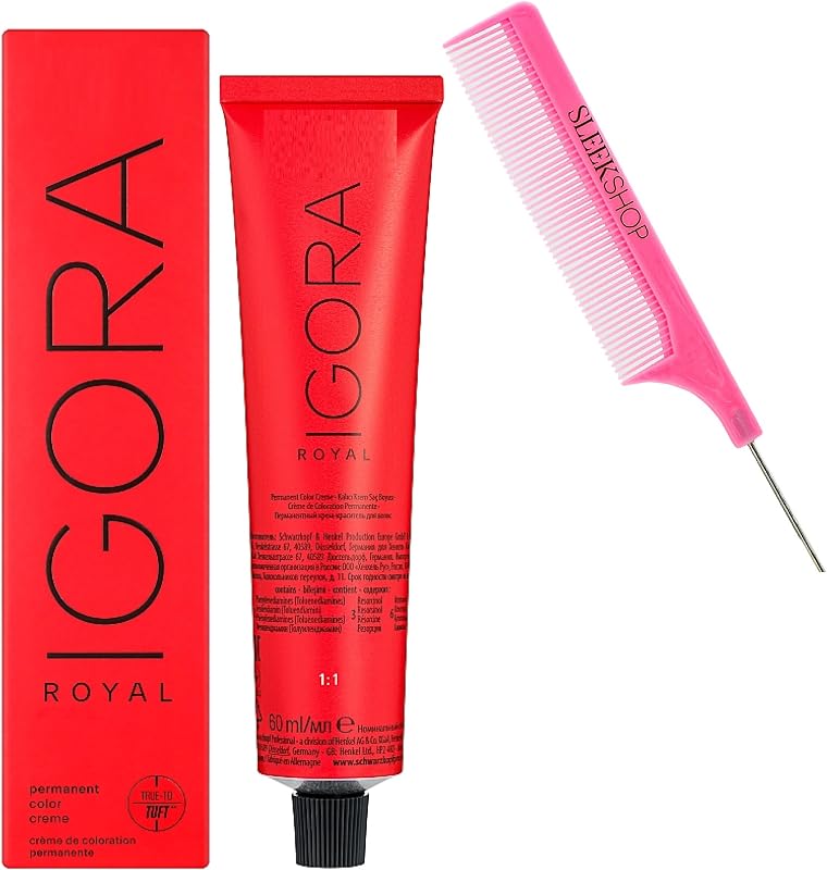 comb + IGORA ROYAL by Schwarzkapf Professional PERMANENT Creme Hair Color Dye, Cream Haircolor, 2024-2025 Version (w/SIeekshop Argan PINK Comb) (6-46 Dark Blonde Beige Chocolate)