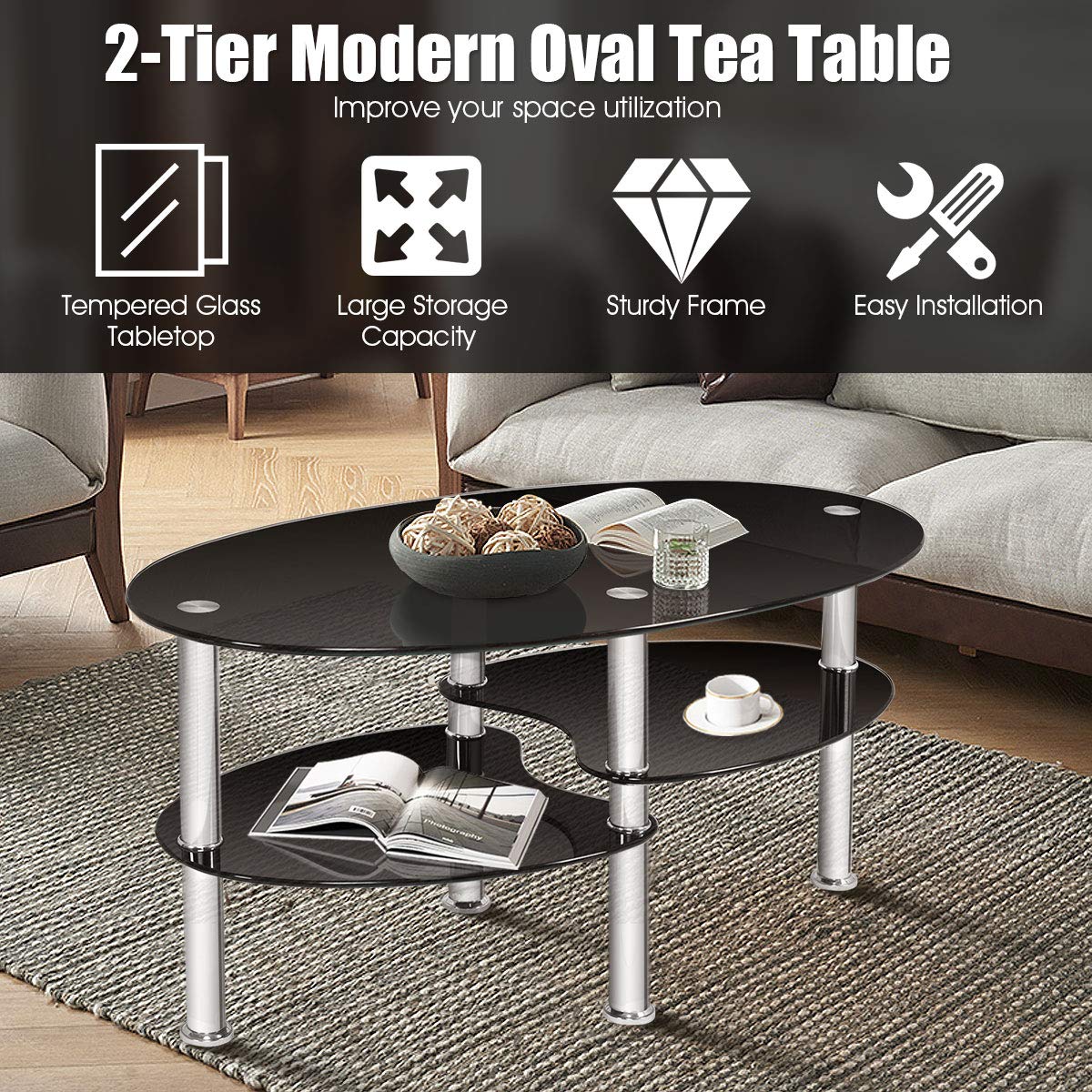 サイドテーブル 楕円 カフェ リビング オフィス モダン コーヒーテーブル Amazon｜DORTALA 強化ガラス 楕円形 コーヒーテーブル 3段 モダン