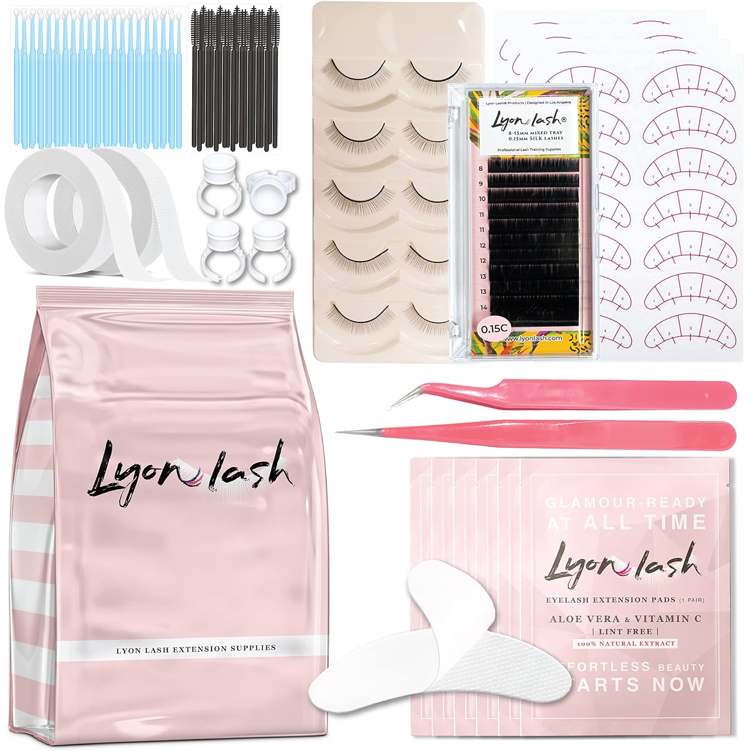 Lyon Lash Eyelash Extension Supplies 4×100 Packs – 100 Pairs Under Eye Gel Pads | 100 Disposable Mascara Brushes Wands | 100 Micro Applicators Brush | 100 Glue Ring Holder | 2 Medical Tapes