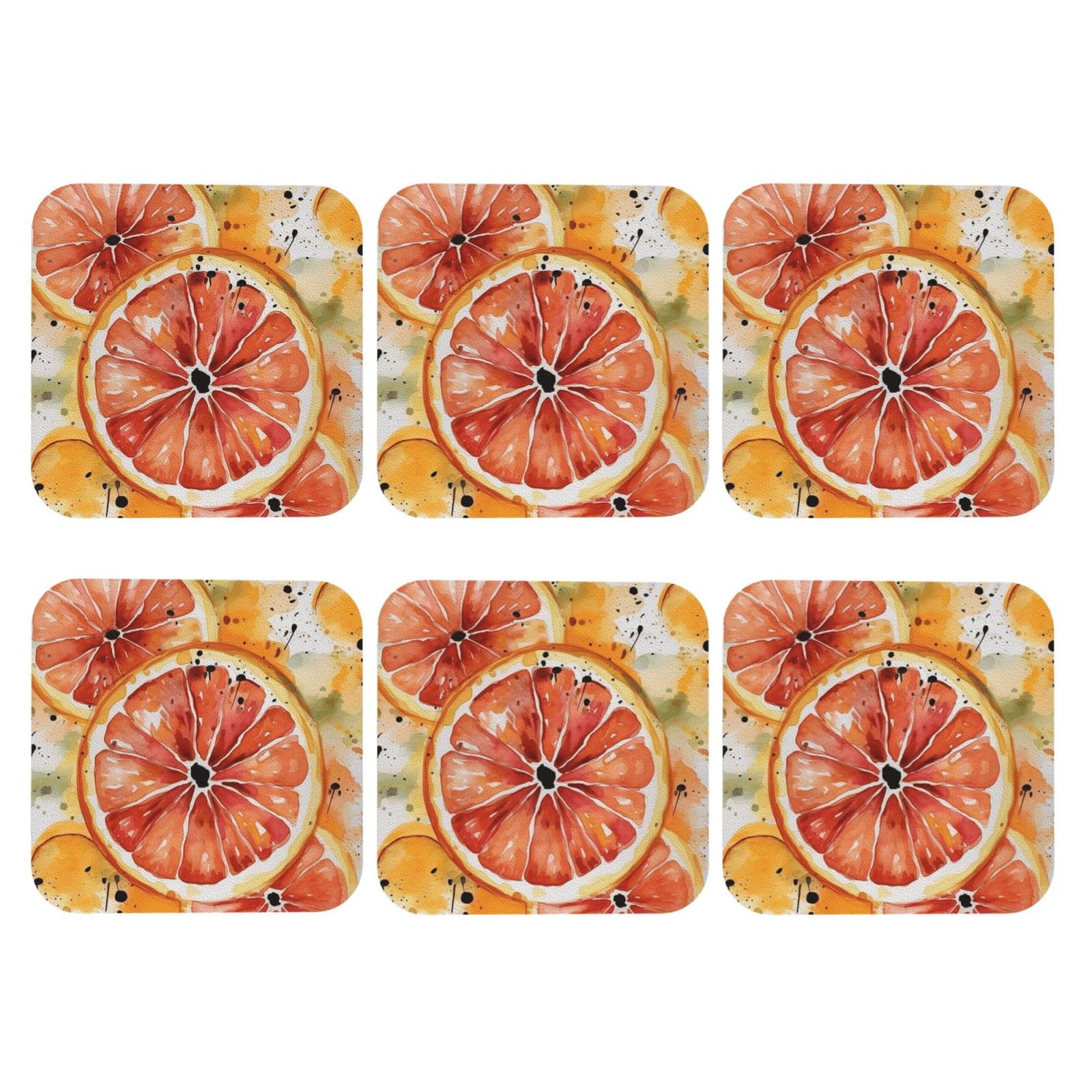 6pcs Leather Coasters for Drinks, Watercolor Orange Slice Drink Coasters for Tabletop Protection, 4" Cup Coasters for Coffee Table Decor, Non-Slip Drinking Cup Mat for Hot Or Cold Drink