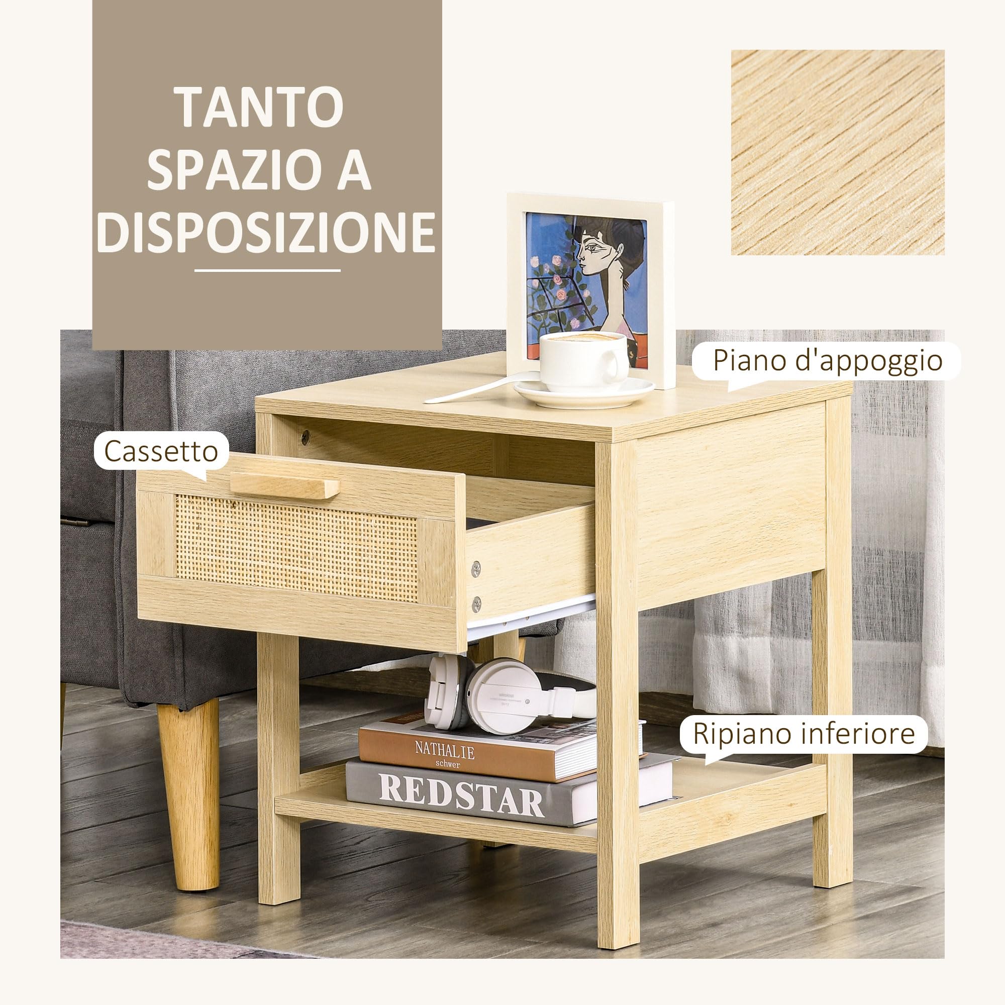 HOMCOM Comodino Moderno in MDF, Comodino con Cassetto e Ripiano Inferiore Portaoggetti, 40x40x48 cm, color Legno