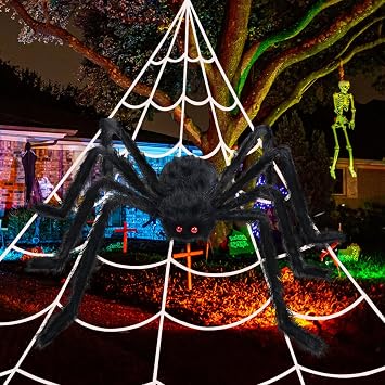 200 Halloween Spider Web and 59 Giant Spider Decorations, Scary Fake Spider with Huge Triangular Stretchy Web for Outdoor Yard, Haunted Houses, and Indoor Parties Decor Supplies