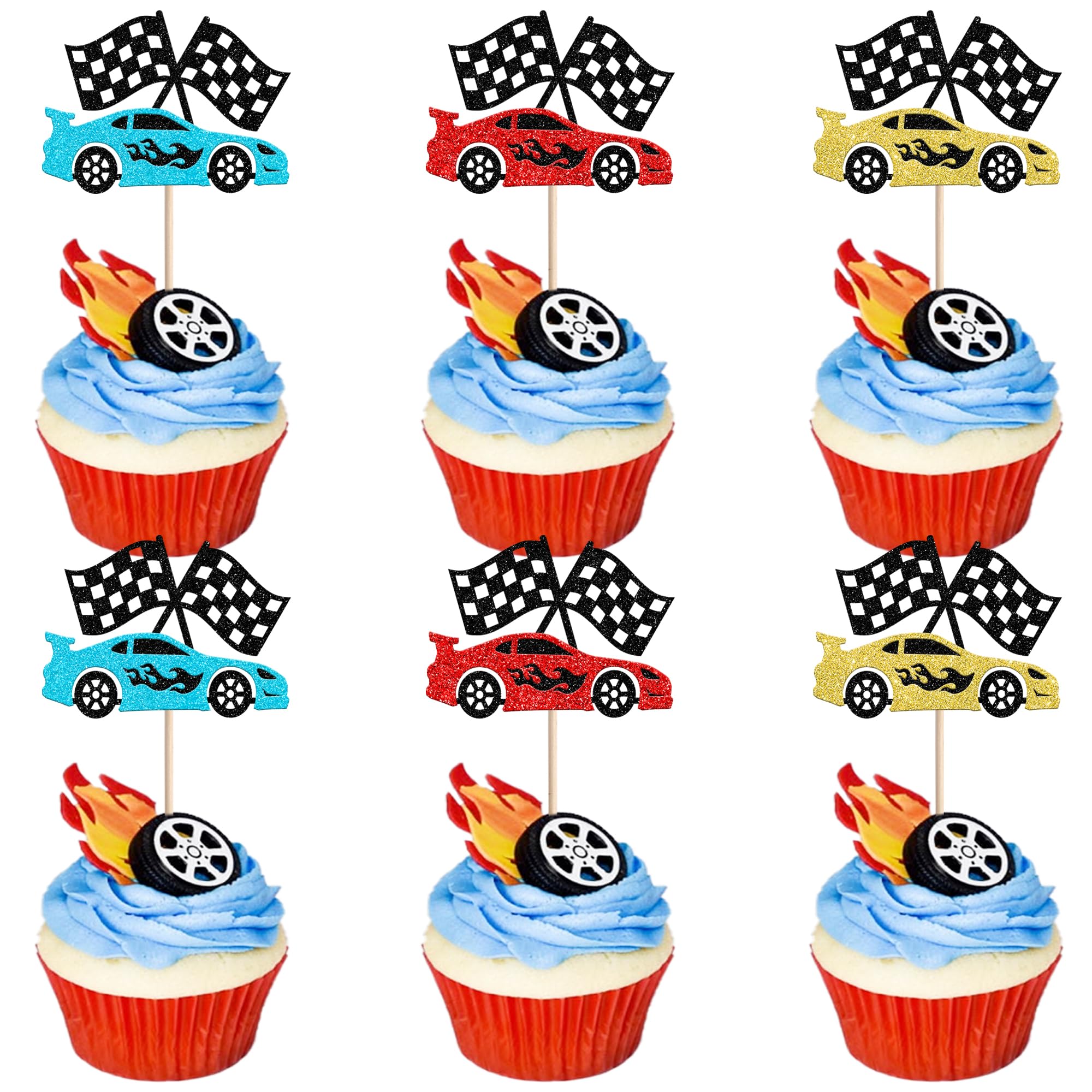 Xsstarmi 24 Pack Race Car Cupcake Toppers Glitter Flag Racing Theme Birthday Cupcake Picks for Favors Birthday Party Cake Decorations Supplies Multi
