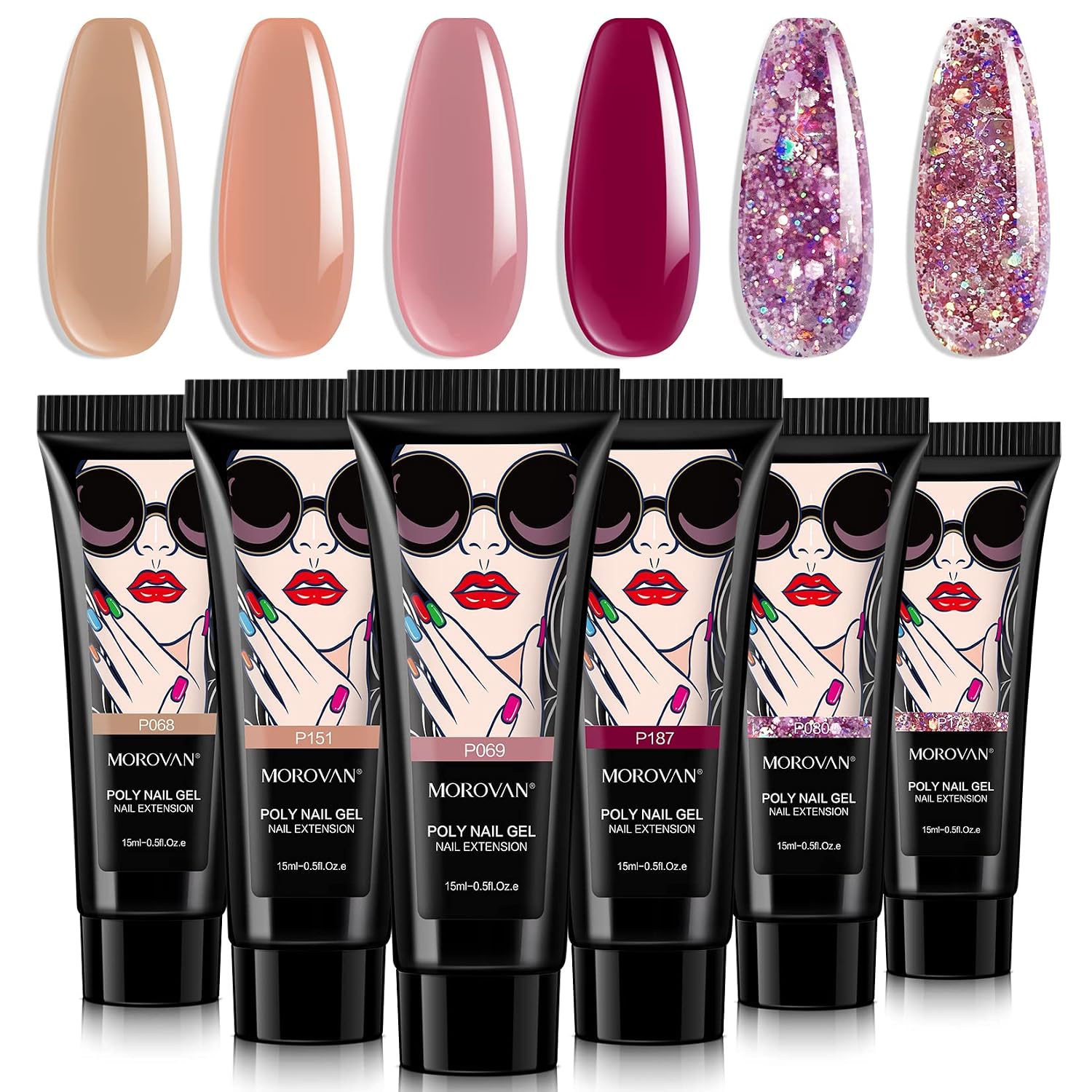 Morovan Poly Gel Nail Kit- 6 Colors Nail Extension Gel Kits Contain Pure and Glitter Poly Gel Builder Nail Gel Long-lasting Poly Nail Gel Kits Starter Kit for Beginners Professional Poly Nail Kits Nude Color Poly Gel Nail Color Packs DIY at Home
