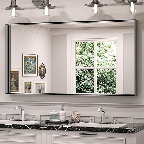 TETOTE Espejo de baño con marco negro de 48 x 24 pulgadas, espejo rectangular grande de baño negro mate para pared, marco de metal, espejo
