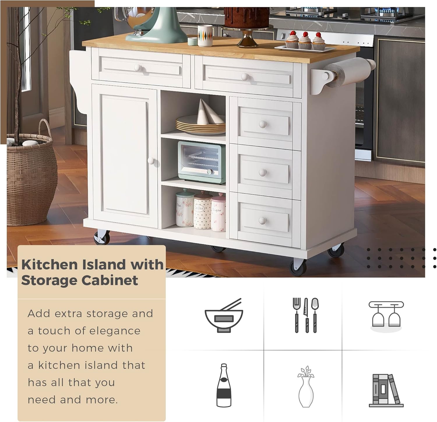 Mobile Kitchen Island with Storage and 5 Drawers, Kitchen Storage Island with Spice Rack & Towel Rack, Adjustable Shelf, White
