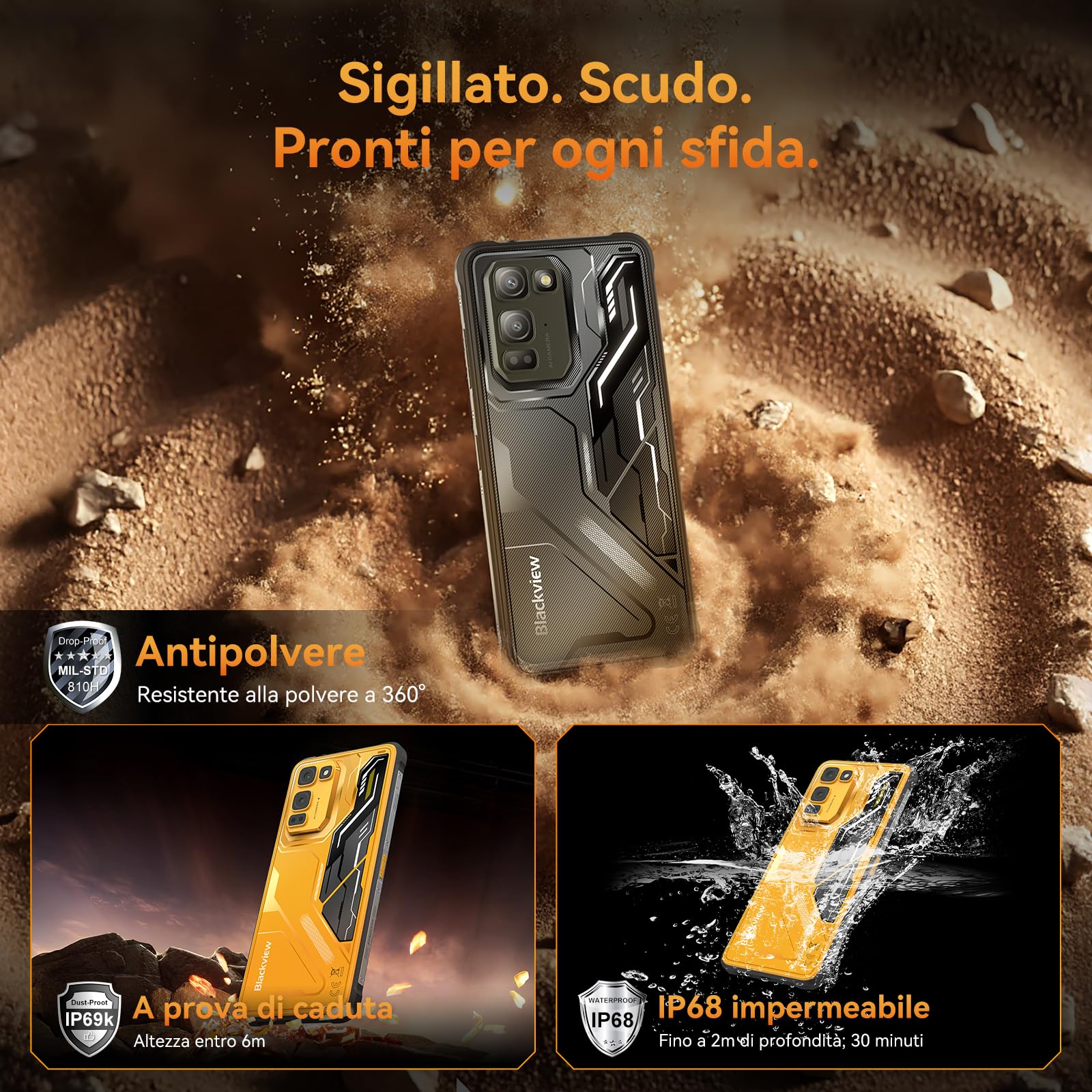 Blackview Fort 5 Rugged Smartphone, 108MP+50MP+13MP Telefono Indistruttibile Android 16, 10.7mm&248g Ultra-thin, 6.78'' 120Hz, 36GB+256GB/2TB TF Cellulare Impermeabile, MTK G100/IP69K/NFC/700 Nit