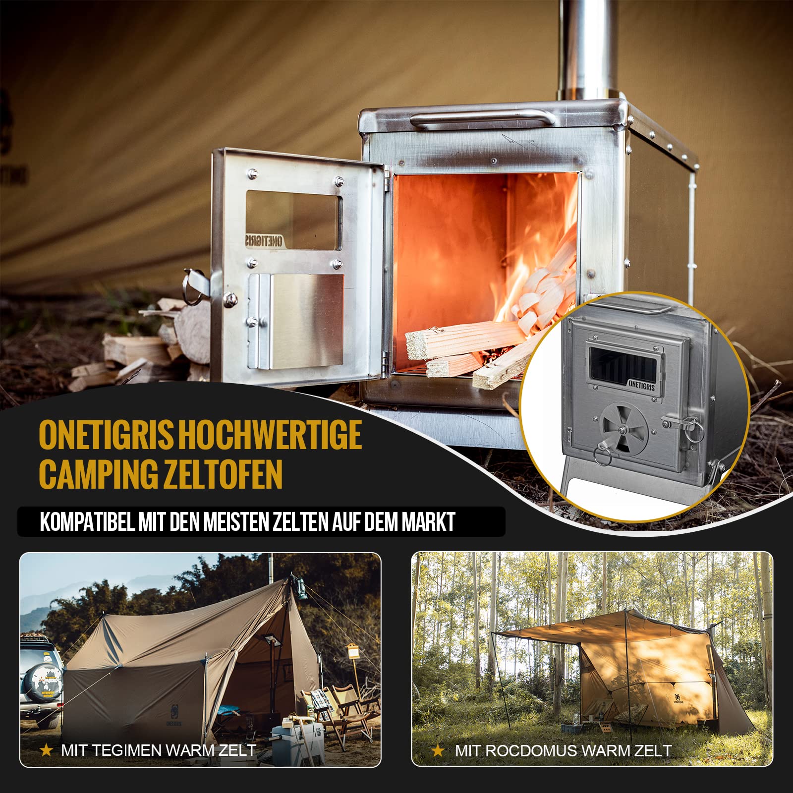 OneTigris TIGER ROAR Four de Tente Portable à Bois pour le Camping, Four d'Hiver en Plein Air avec Tube & Gants en Cuir 21.5 * 44 * 27 cm