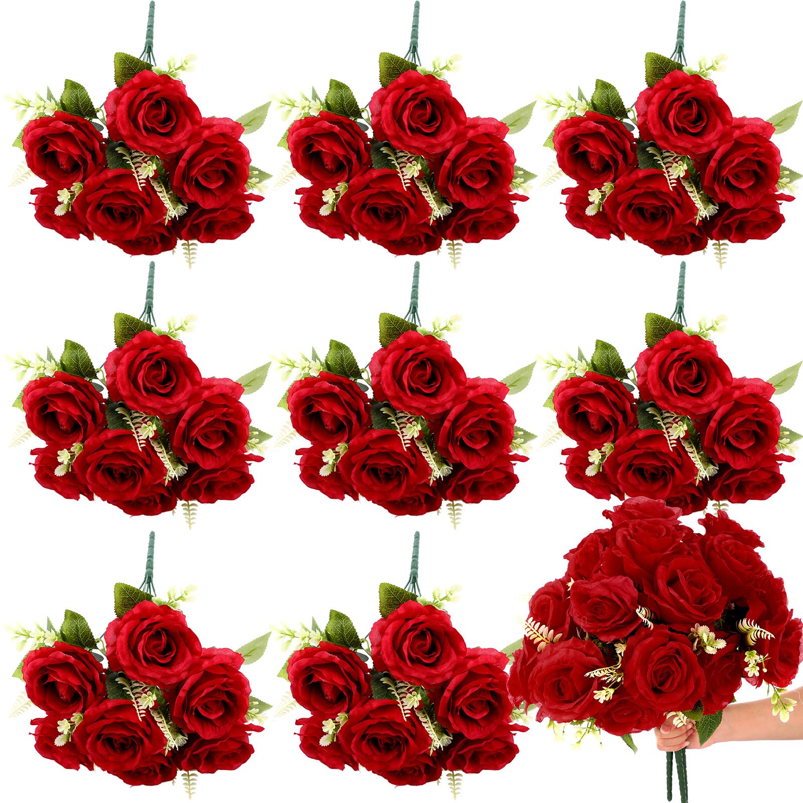Zeyune 8 Bunches 17.3" Artificial Silk Rose Flowers, Fake Roses Flower Bouquet 56 Heads Whit Artificial Roses Flowers Bulk with Stems for Bridal Wedding Home Restaurant Garden Decor Party (Wine Red)