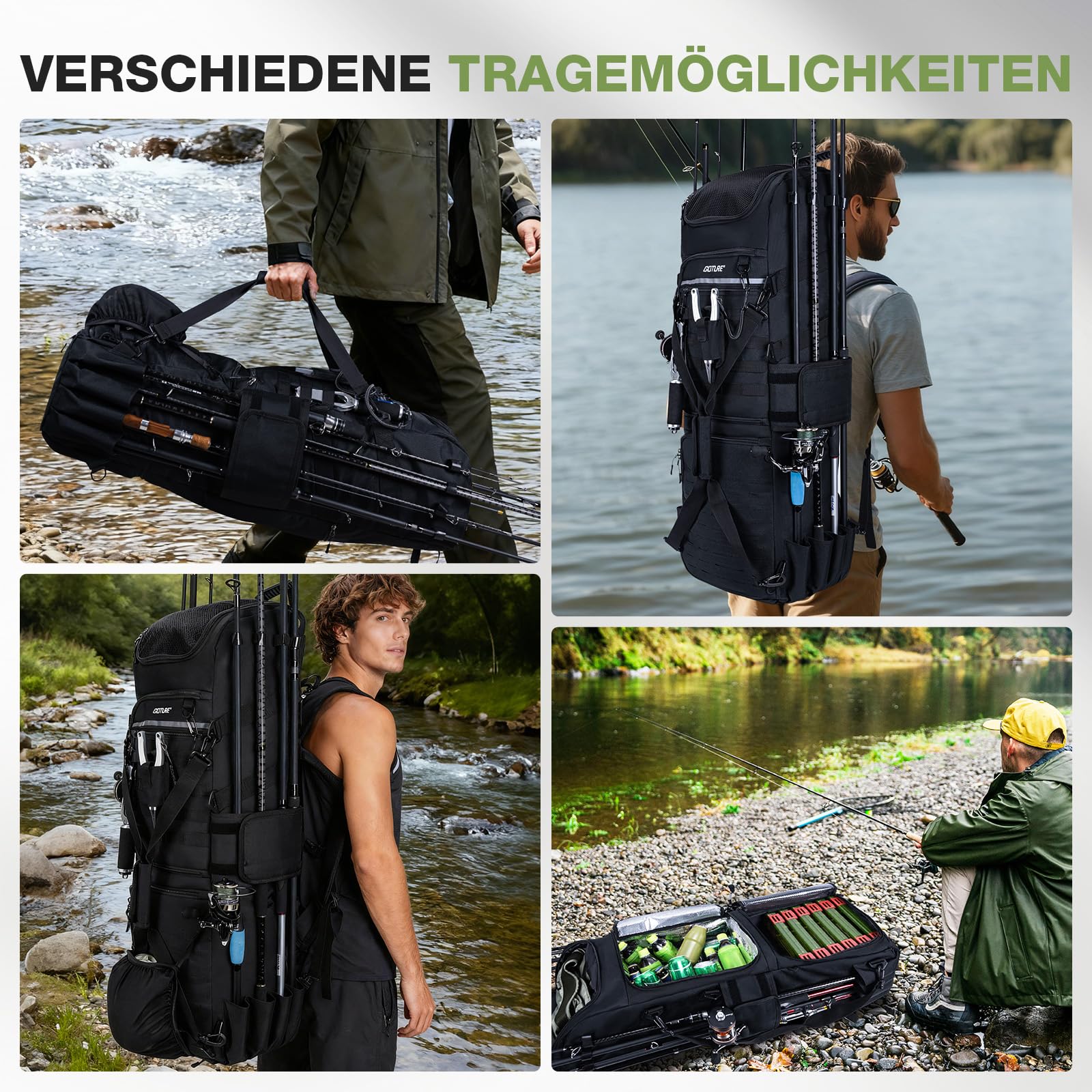 Goture Zaino da pesca con 6 esche da pesca, 116 litri, con due portanne e parapioggia, tessuto Oxford 600D, impermeabile, con scomparto regolabile