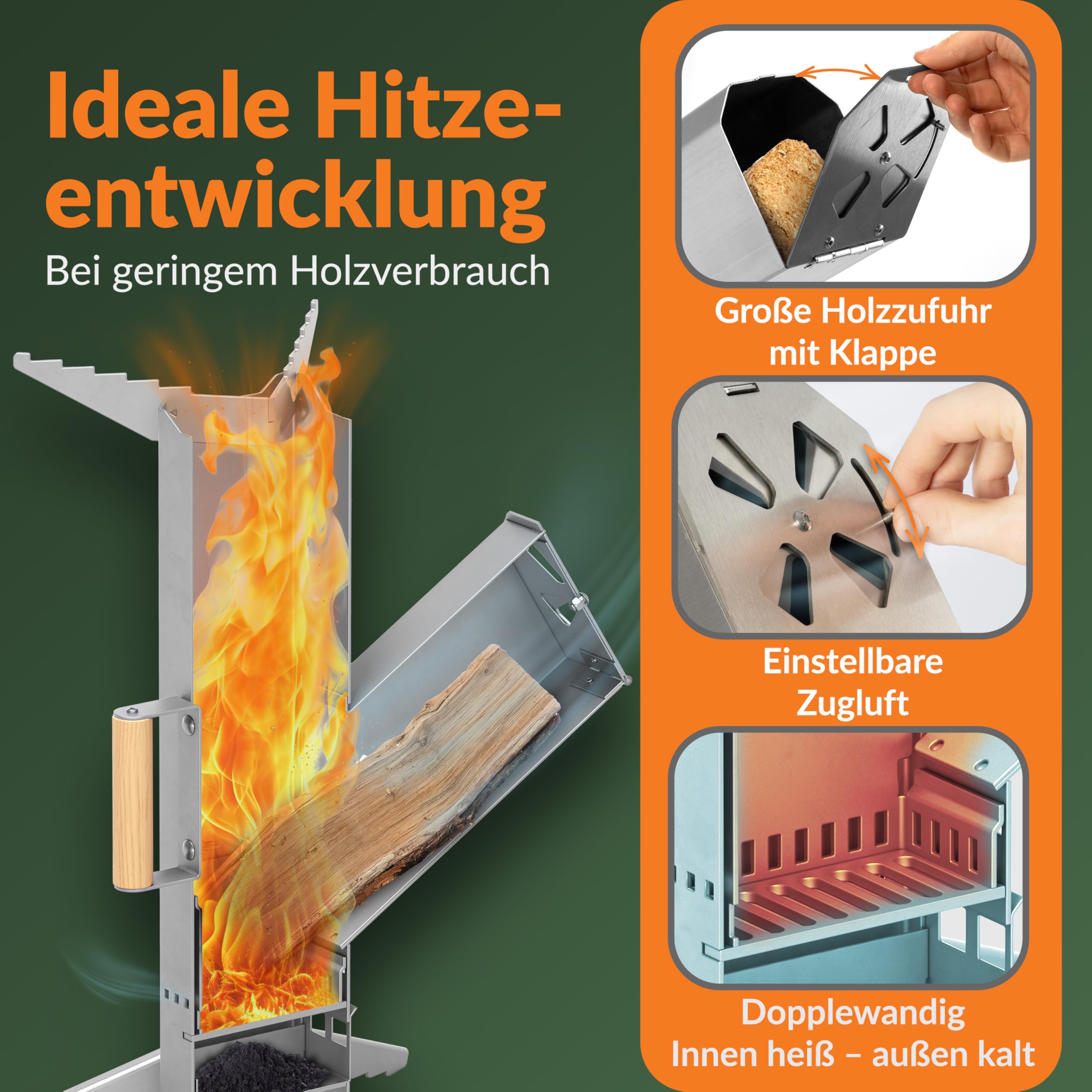 Raketenofen Campinggrill Edelstahl - kochen, braten, grillen - komplett zerlegbar mit Tragetasche- mit Holz oder Kohle befeuerbar