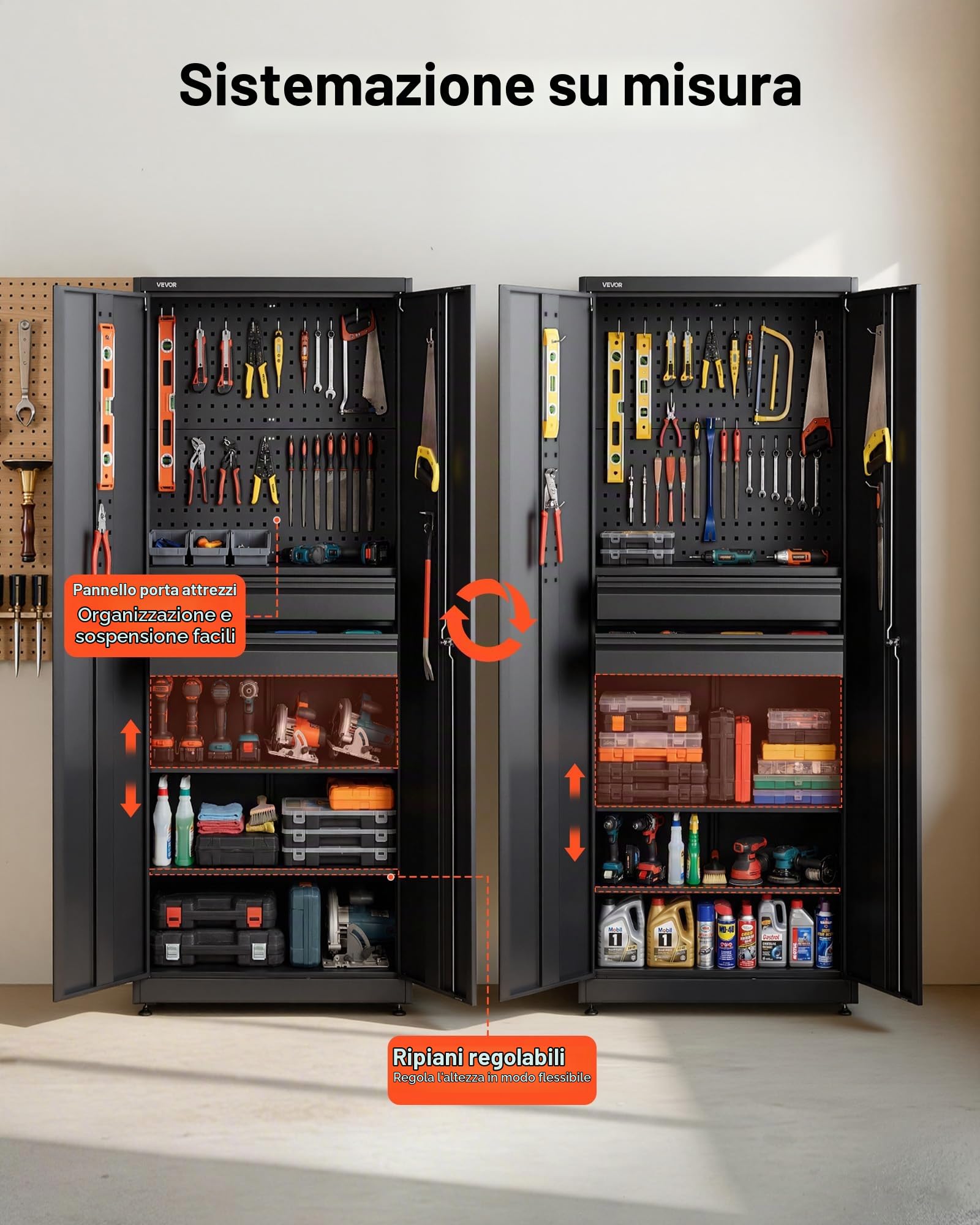VEVOR Armadio Portaoggetti in Metallo, Armadio Porta Attrezzi, Portata per Ripiano Fino a 81,5 kg, Altezza 180 cm, 2 Ante con Serratura e Ripiani Regolabili, 2 Cassetti e Pannello Forato, per Garage