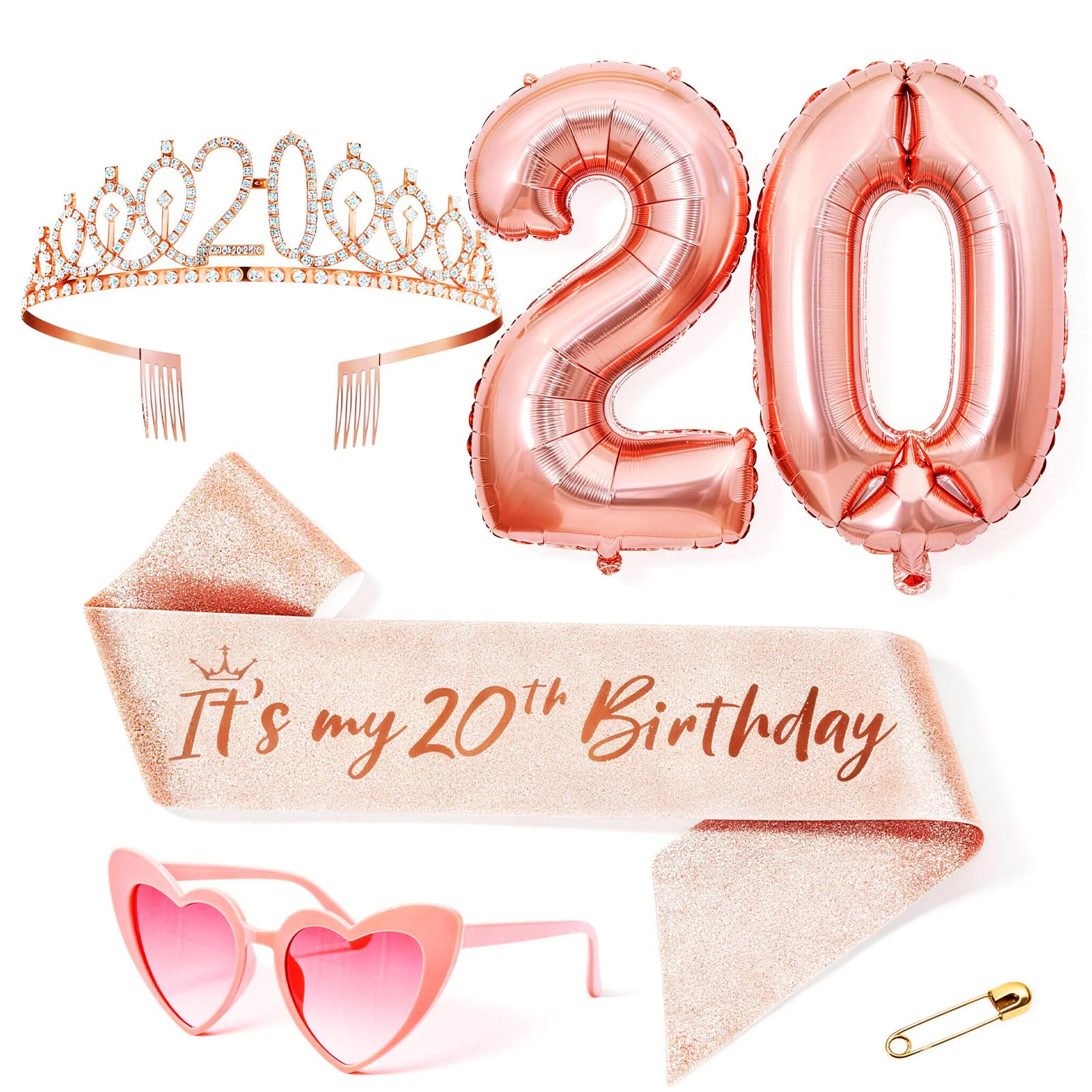 Anruzon Geburtstag Frau Deko, Geburtstag Krone und Schärpe, Rosa herzförmige Brille, Luftballons Rosegold, Geschenke für Frauen, Geburtstagsparty Deko Supplies