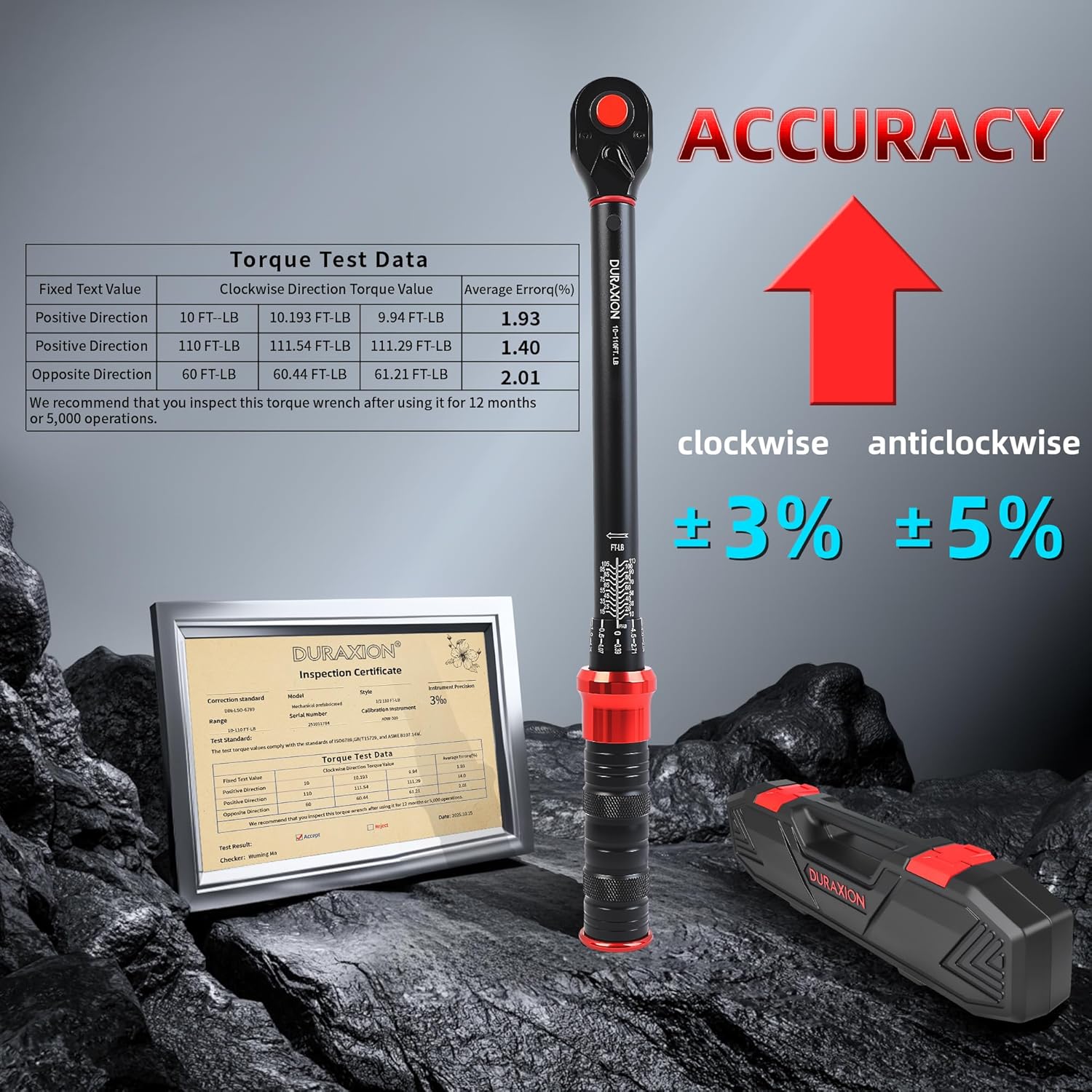 3/8-Inch Drive Torque Wrench 10-110ft.lb/13.56-149.14Nm, ±3% Precision Dual Direction Torque Wrenches with 72-Tooth Dual Range Scales with Ft.Lbs and N.m