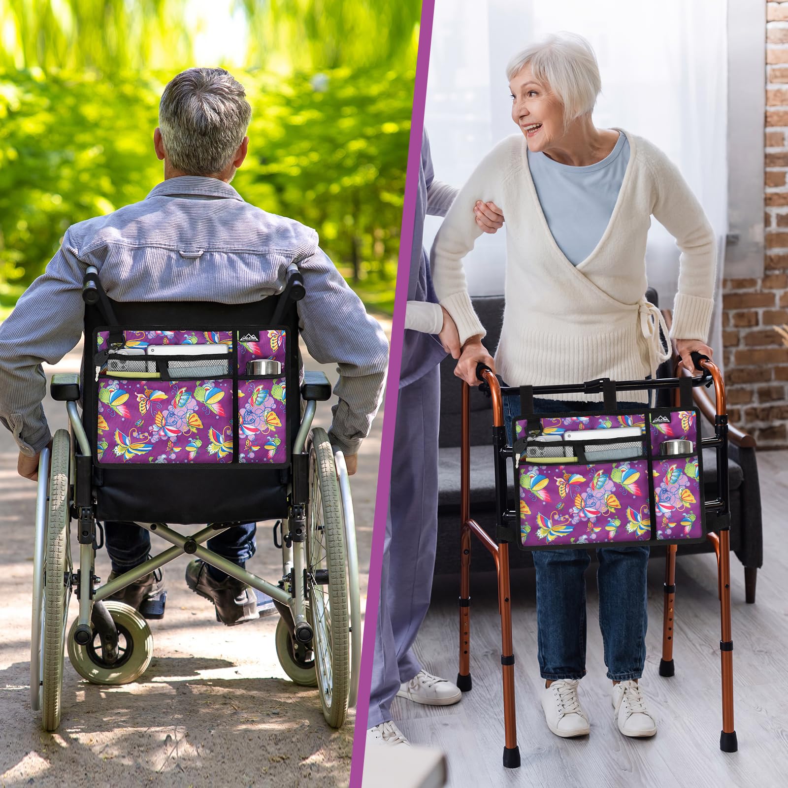 supregear Borsa per Sedia a Rotelle con Portabicchieri, Borsa per Girello Resistente All'acqua Cestino Accessori per Camminatore Pieghevole per Sedie a Rotelle, Deambulatori, Scooter (Farfalla Viola)
