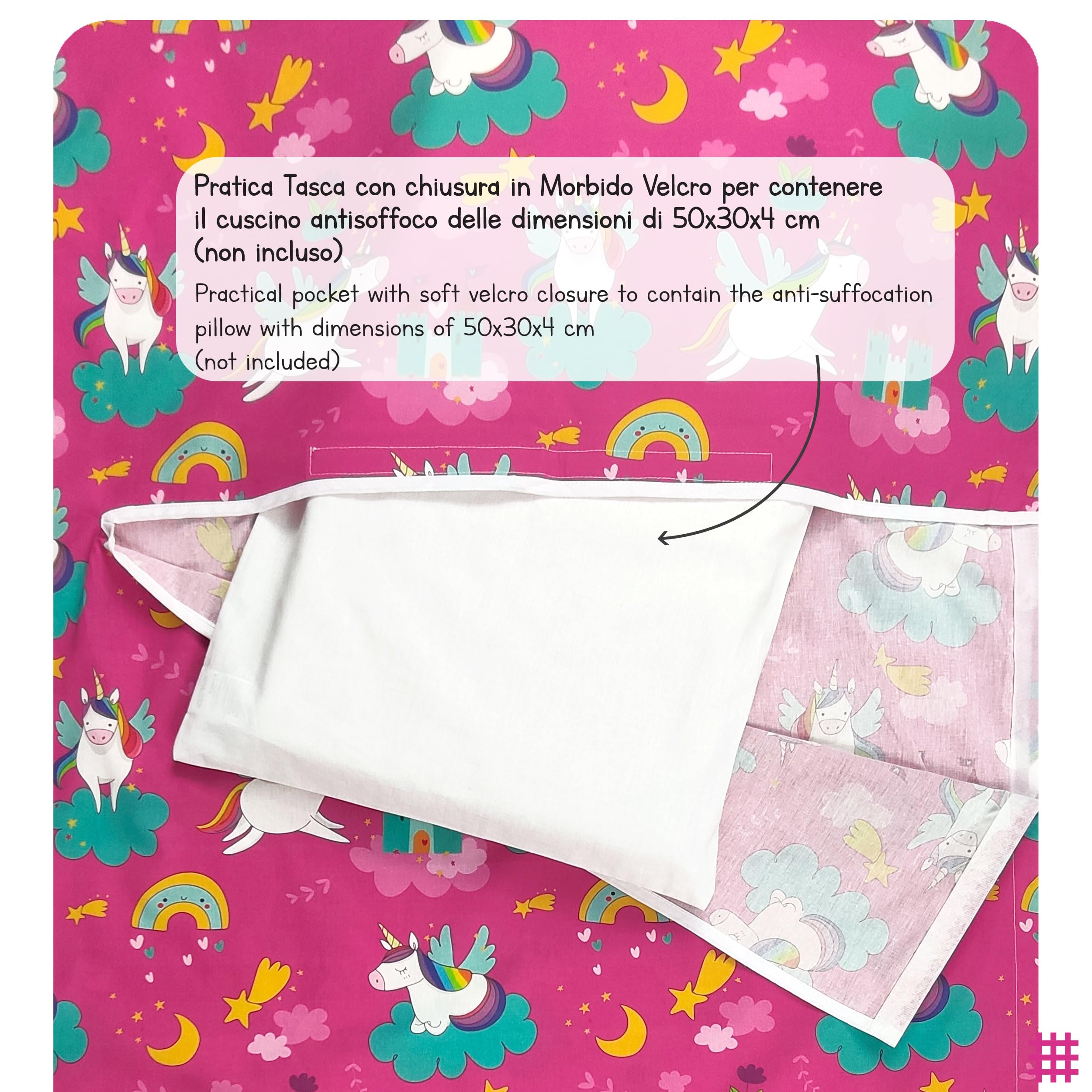 Panini Tessuti Juego de guardería, saco de dormir de verano y bolsa para bebé y niña de 2 a 6 años - Tejido 100% algodón - Made in Italy (juego de guardería de unicornios y arcoíris)