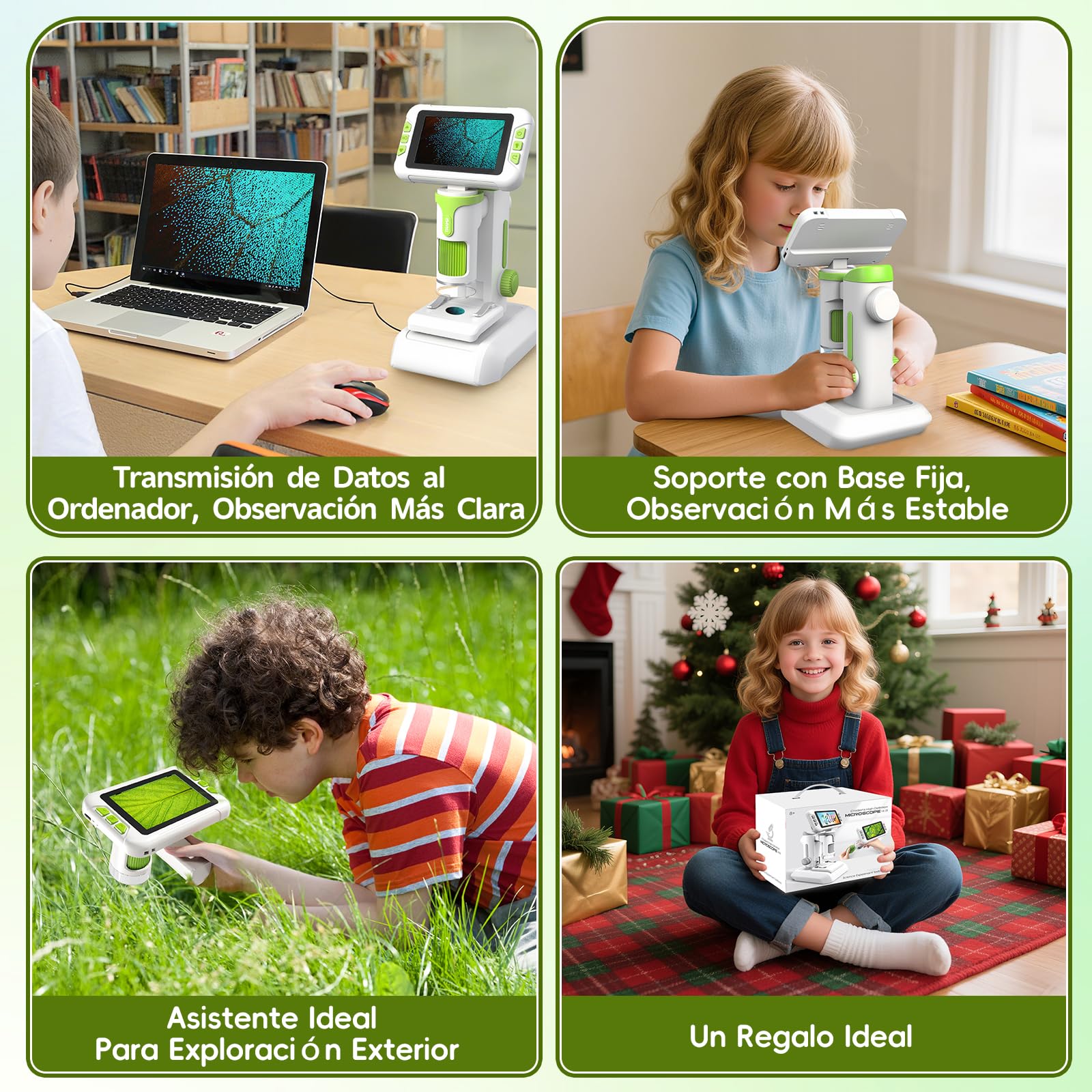 Charmofun Microscopio para Niños, Microscopio Portátil Niños con Tarjeta de Memoria de 64G, Microscopios Digital Infantil con Pantalla LCD de 4", Aumento 1600X, Fotos y Videos, Función Portátil y Fija