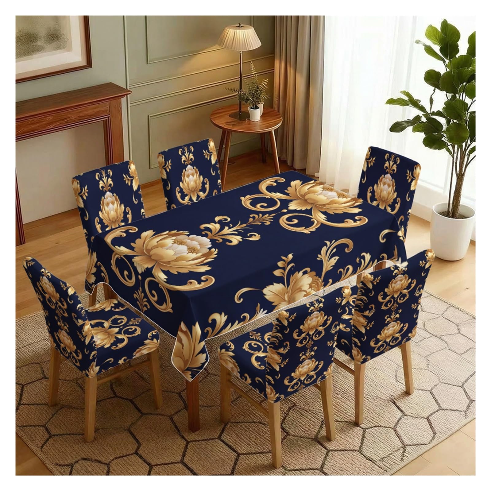 KXUAUV Stretch Dining Chair Slipcover & Tablecloth Set, Navy Blue Base Golden Damask Floral Print, 5/7 Pack, Luxury Elegant Home Decor Party Decor(7pcs Set: Tablecloth+Chair Covers)