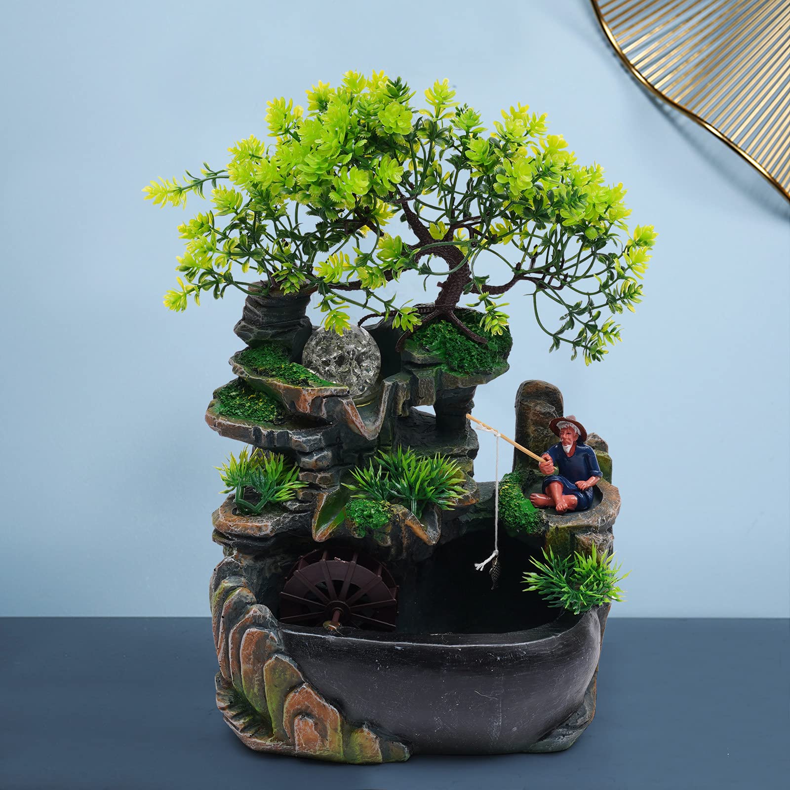 Fontaine d'intérieur de jardin avec éclairage LED - Jeu d'eau de bureau - Simulation de plantes - Jardin de rocaille - Humidificateur de chambre - Fontaine d'intérieur - Éclairage LED - Cascade