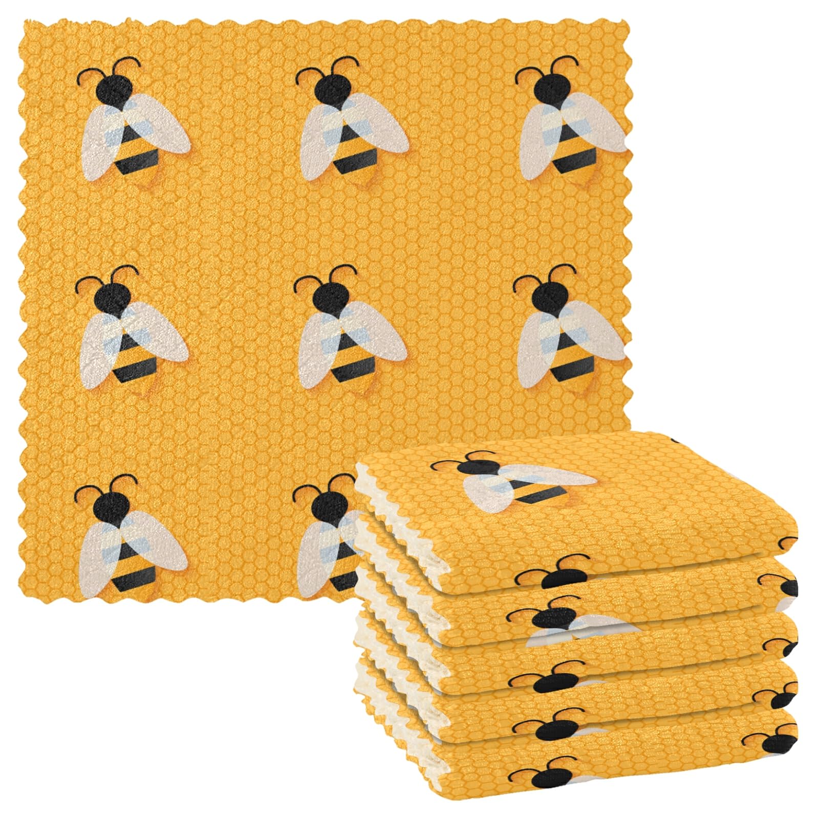 Isolated Bee on Honeycomb Yellow Hexagon Pattern 6 Set Kitchen Dish Towels, Washcloths Cleaning Cloths Dish Cloths, Absorbent Towels Lint Free Bar Tea Soft Waffle Towel 11"x11"