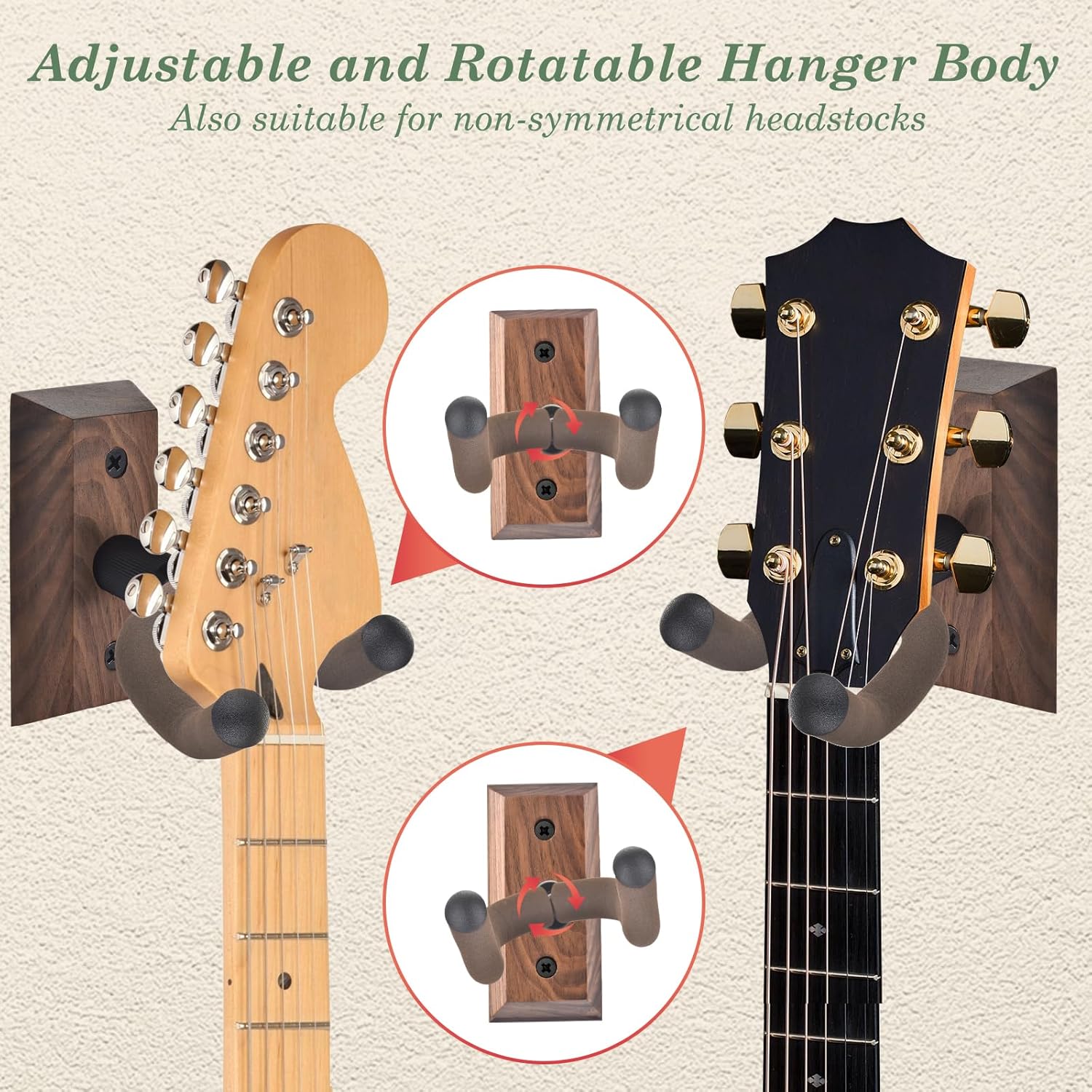 MOREYES Guitar Wall Mount 3 Pack with 40Pcs Guitar Picks, Black Walnut Wood Guitar Hanger, Rotatable U-Shaped Guitar Wall Hanger, Guitar Hook for Acoustic Guitar, Electric Guitar, Bass, Brown
