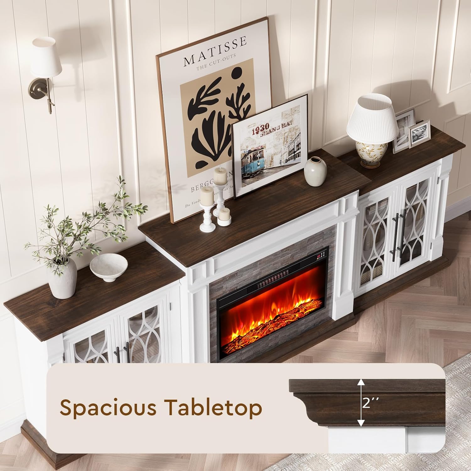 LGHM 104" Fireplace TV Stand with for TVs Up to 100 Inch, 3 in 1 Electric Fireplace with Mantel, Entertainment Center with Storage, 30'' Fireplace Heater Insert with 3D Flame Effect for Living Room