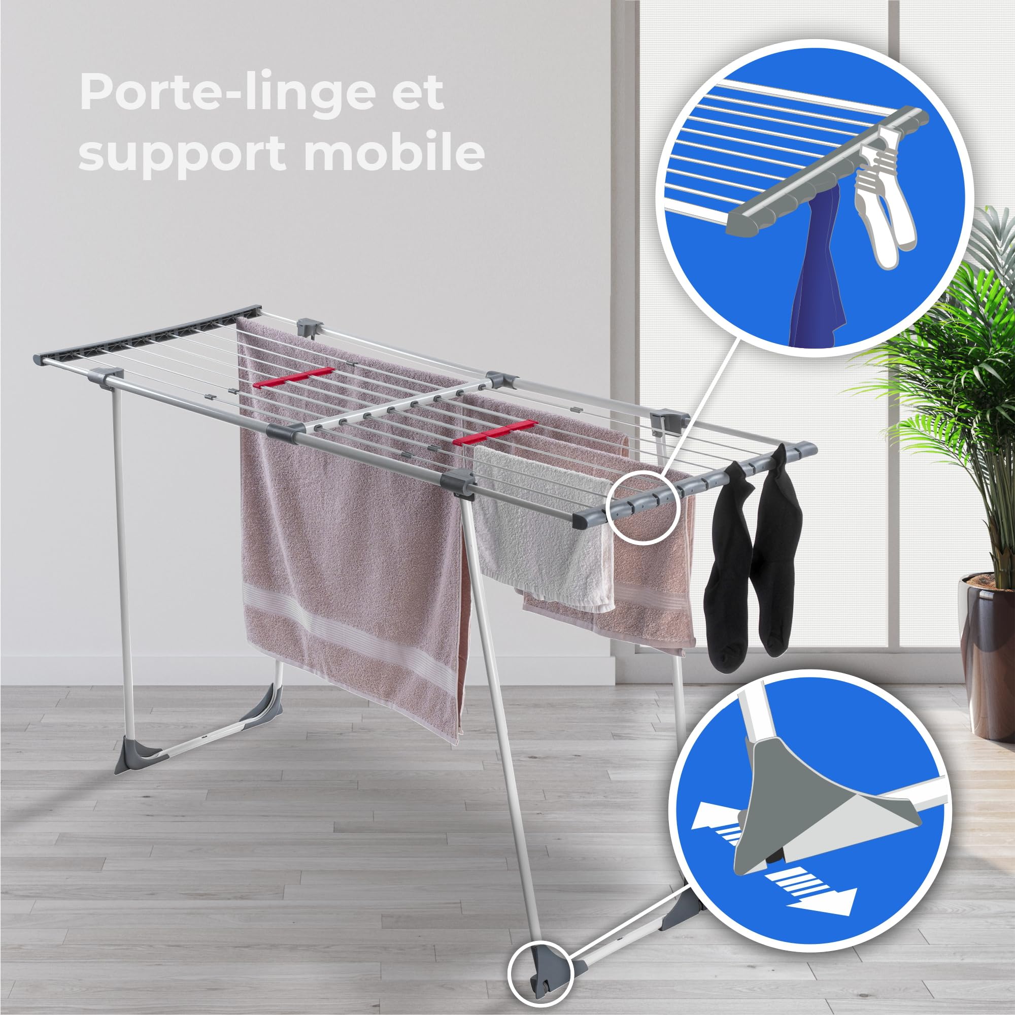 KADAX Étendoir a Linge 20 metres, Support de Sechage sur Pieds, Sechoir Pliable pour Maximiser l'espace de Sechage, Etendoir Telescopique (Gris)