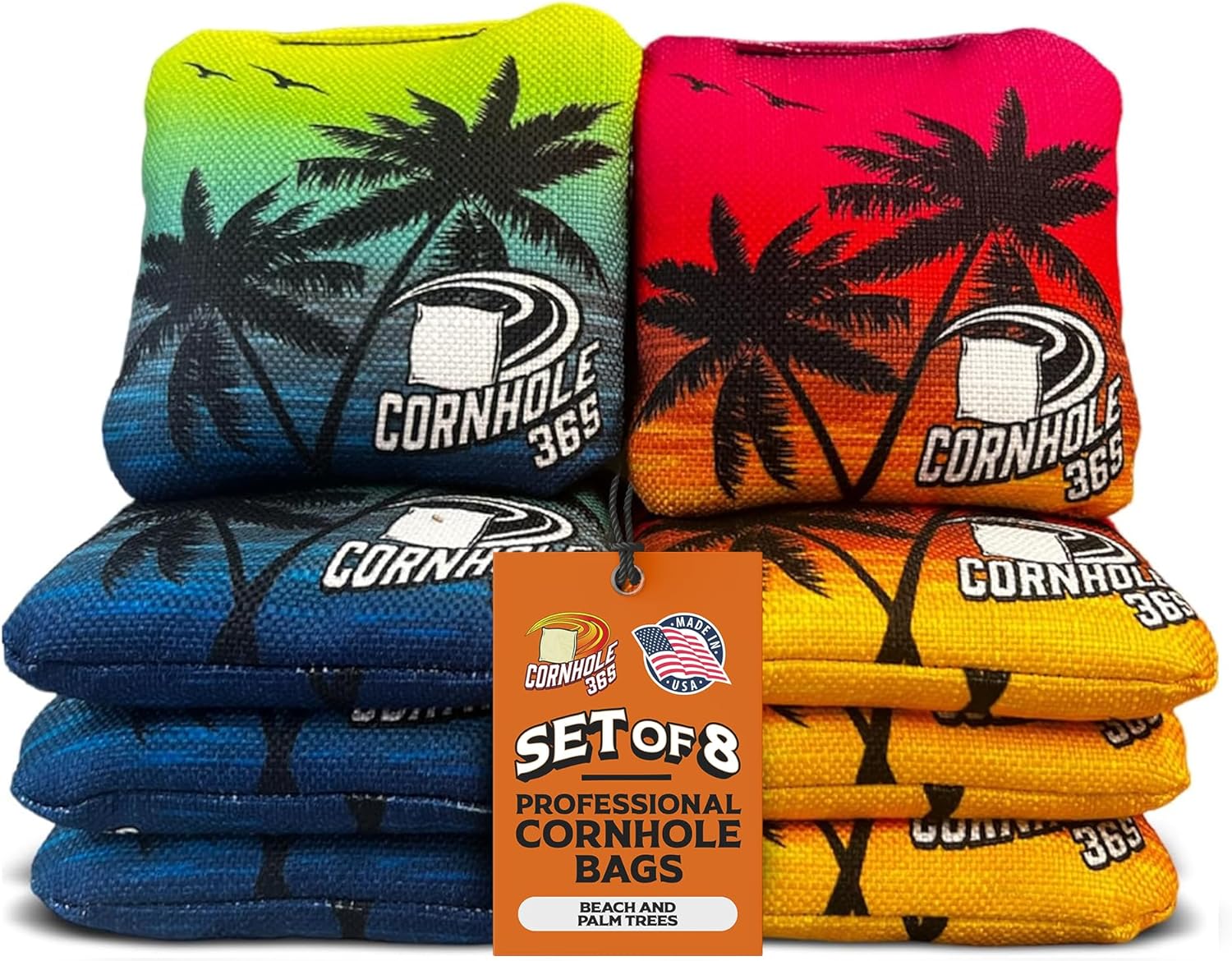 Cornhole365 Themed Cornhole Bags - All-Weather, Heavy-Duty, Resin Filling, Double-Stitched Duck Cloth - Professional Corn Hole Bean Bags for Indoor & Outdoor Use - Beach and Palm Trees - Set of 8