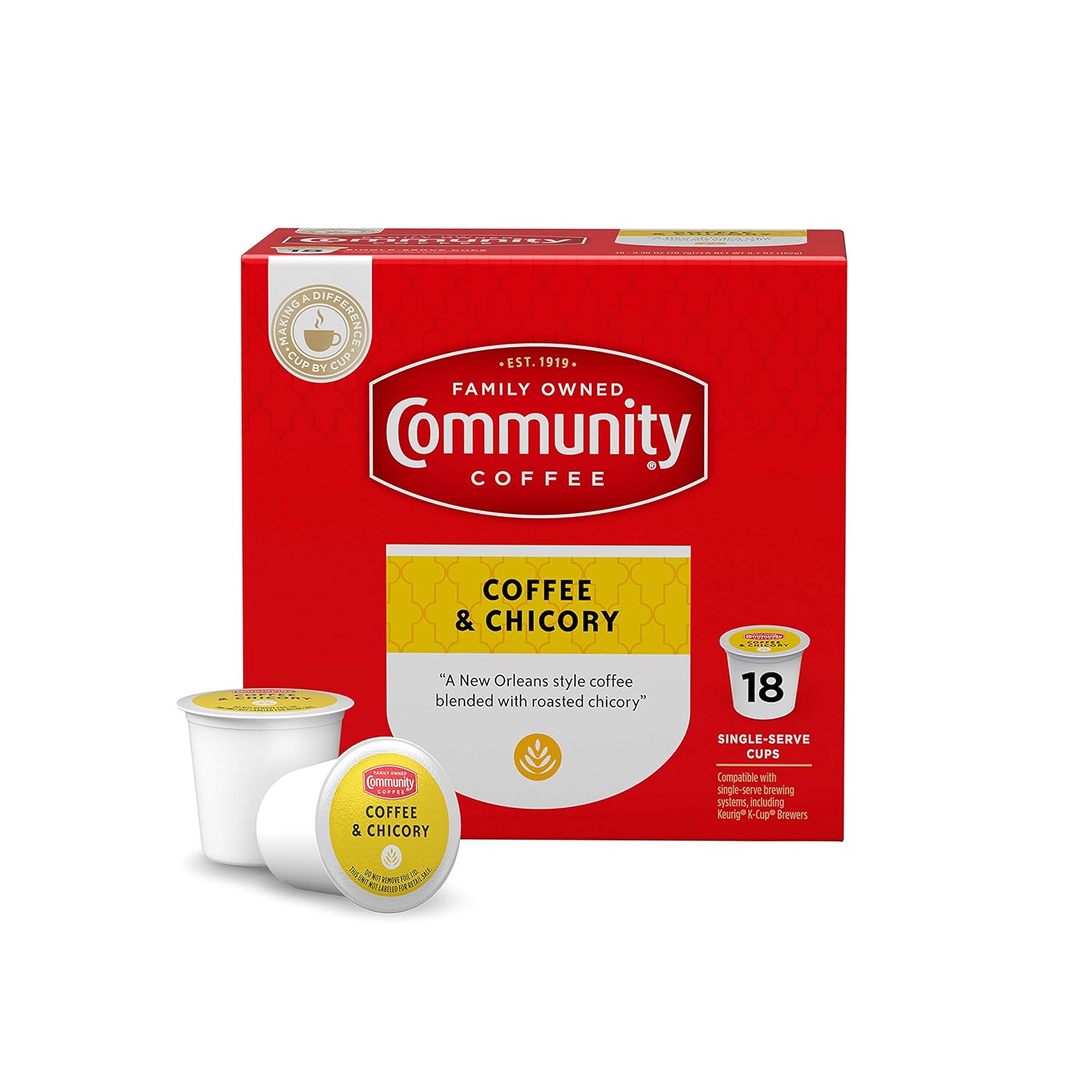 Community Coffee Coffee & Chicory Medium Dark Roast Single Serve K-Cup Compatible Coffee Pods, Box of 18 Pods